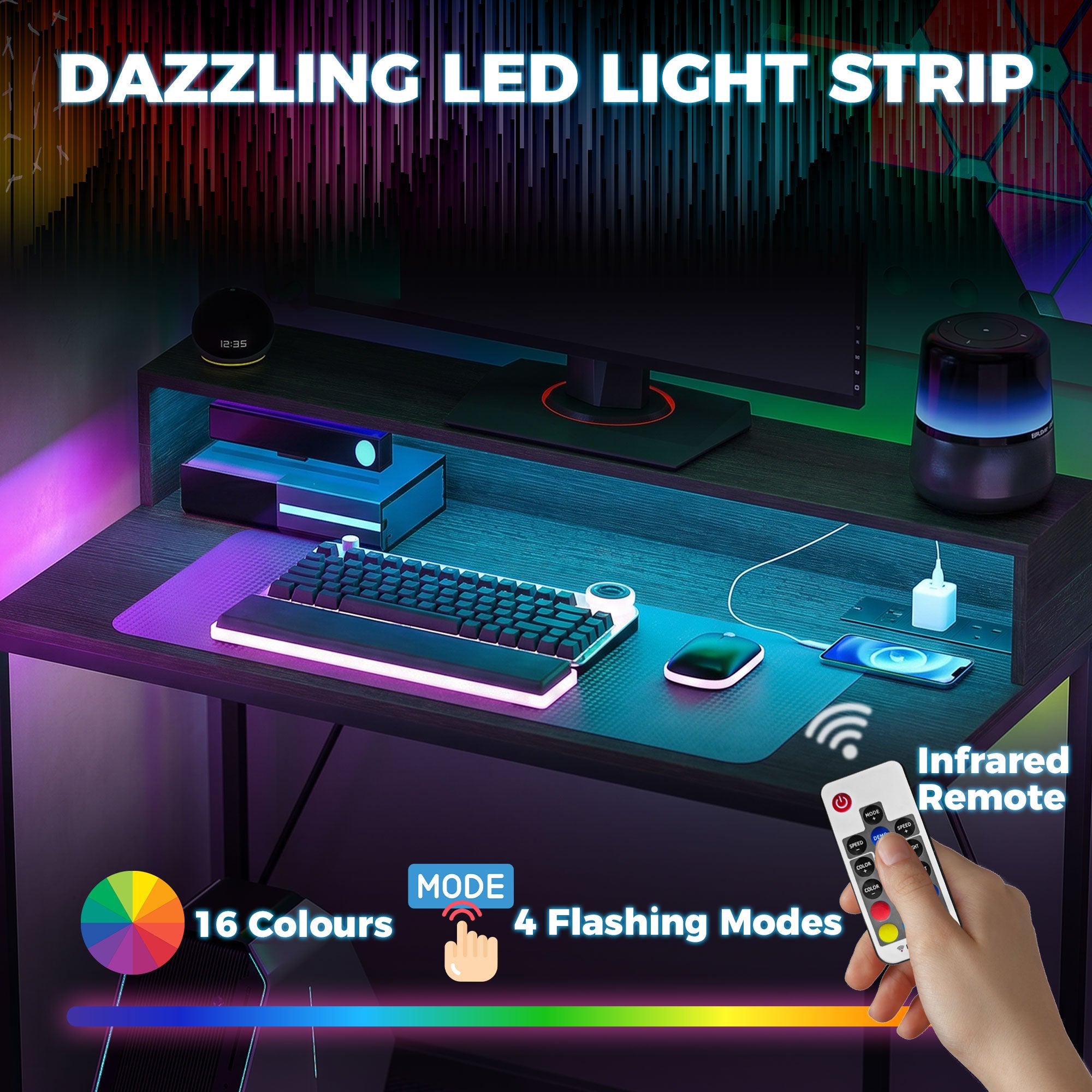 100cm Computer Desk with LED Lights and Power Outlets, Gaming Desk with Monitor Stand, Computer Table with Remote for Home Office Study, Black Wood-Effect