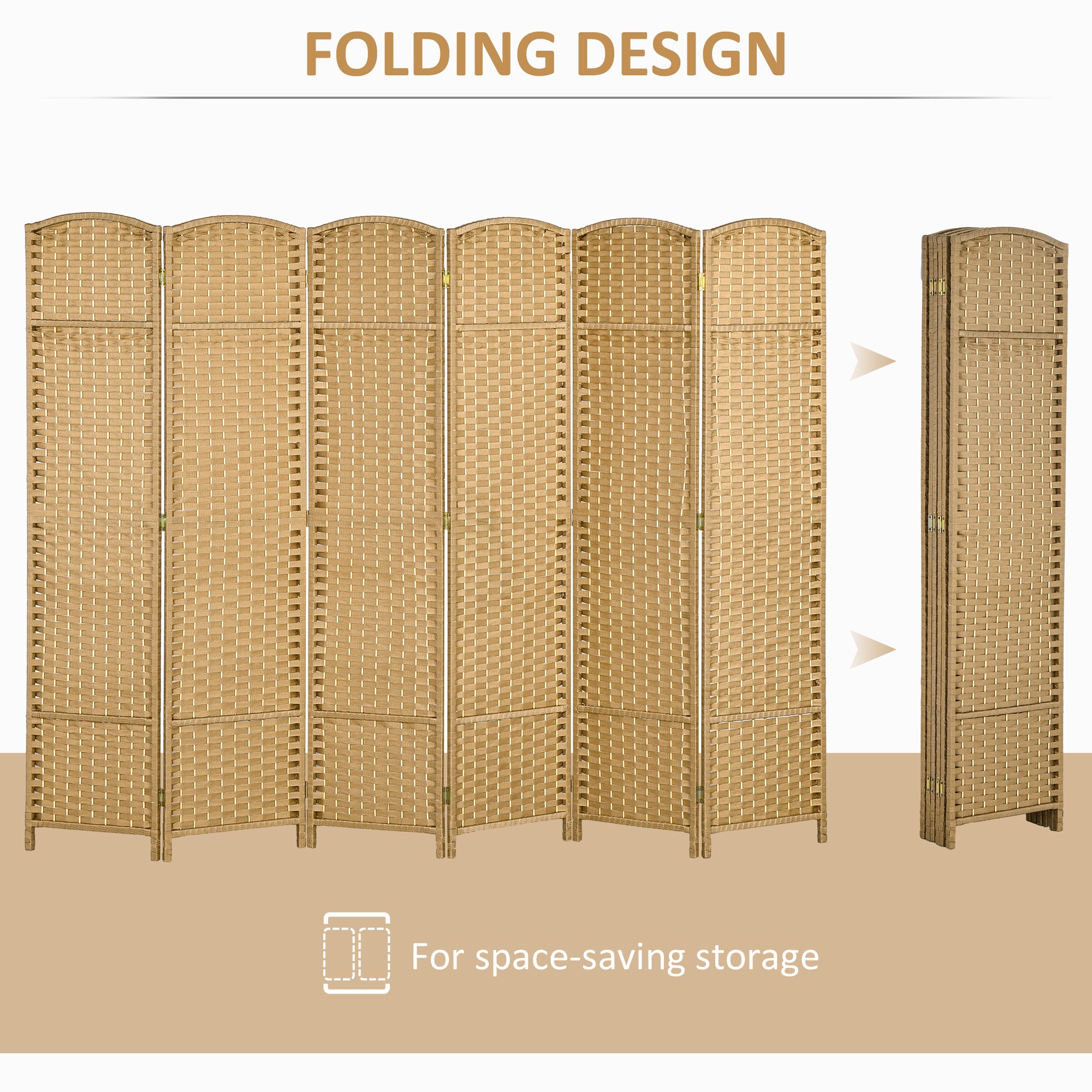6 Panel 5.6' Tall Privacy Screen Freestanding Room Divider, Nature Wood - HOMCOM