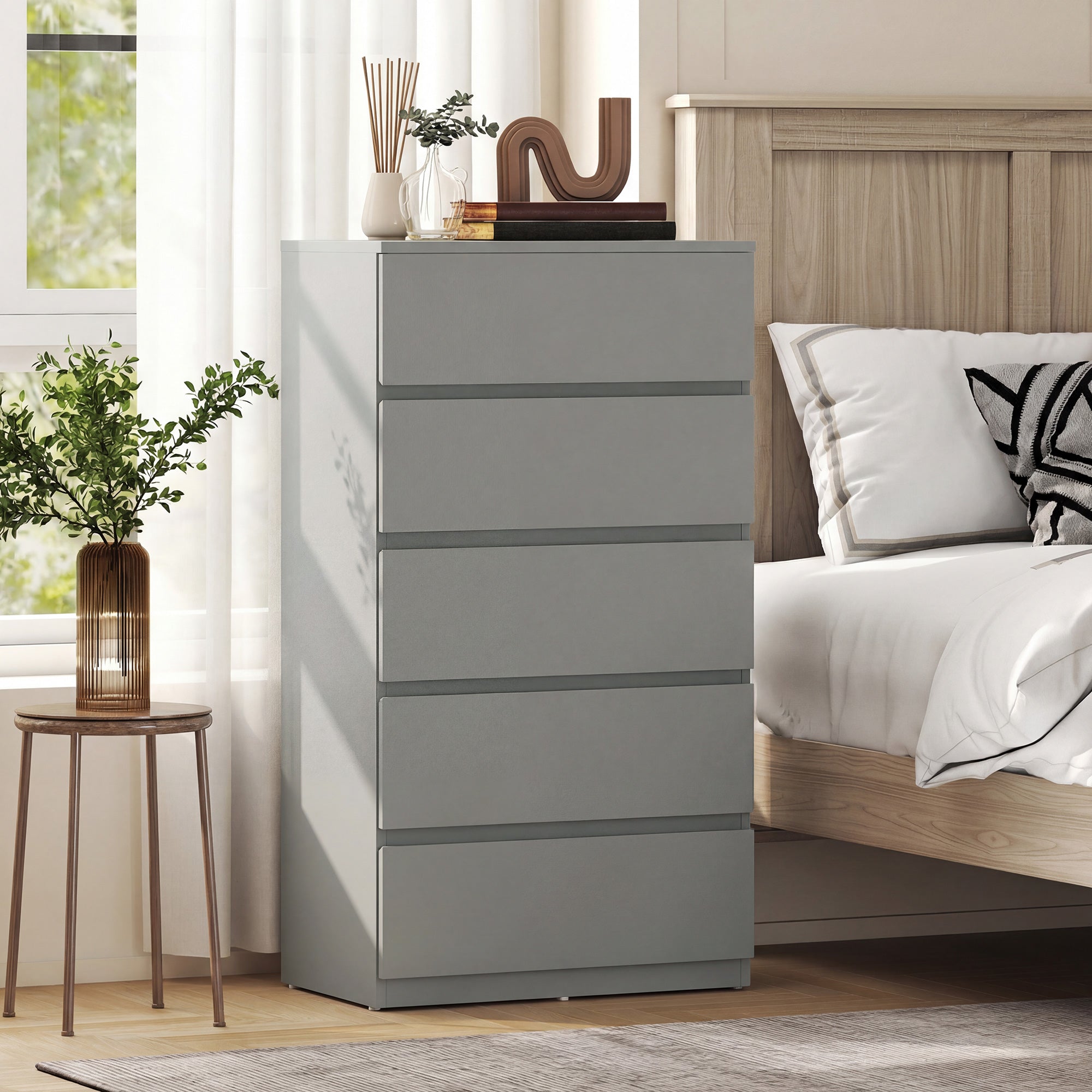 Chest of Drawers, 5 Drawers Storage Cabinet Floor Tower Cupboard for Bedroom Living Room, Grey