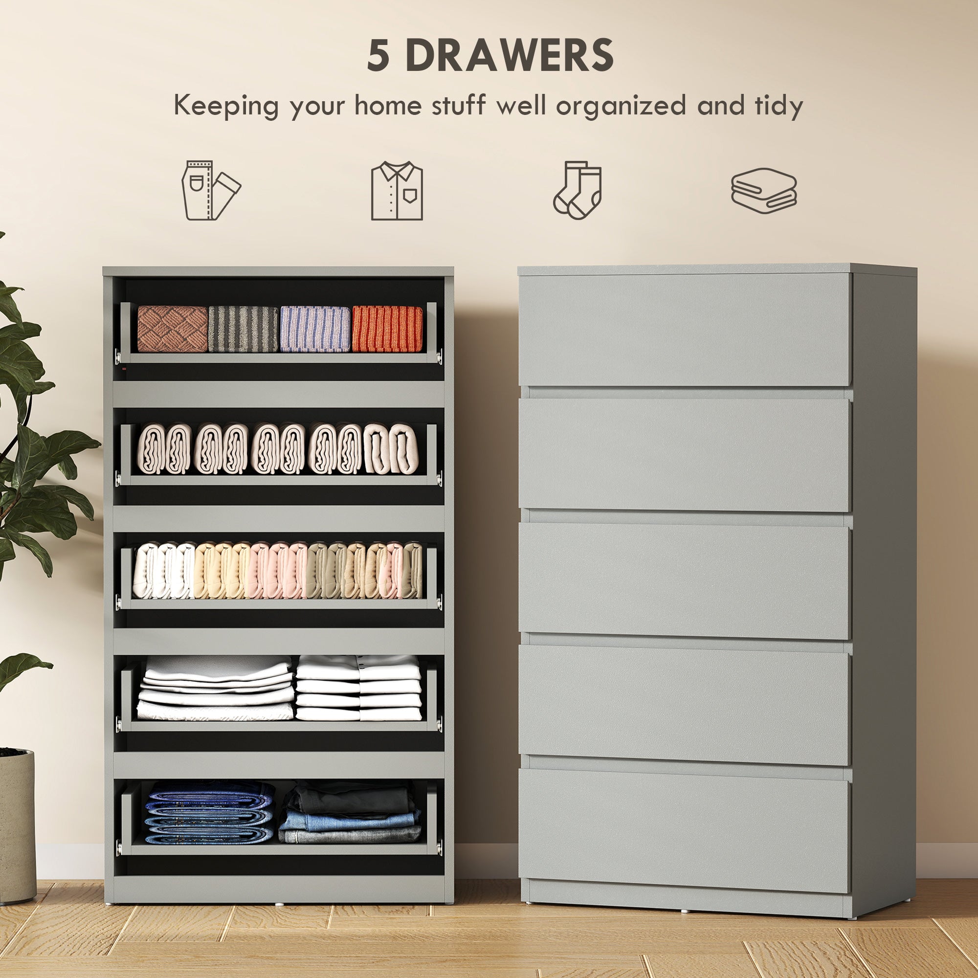 Chest of Drawers, 5 Drawers Storage Cabinet Floor Tower Cupboard for Bedroom Living Room, Grey
