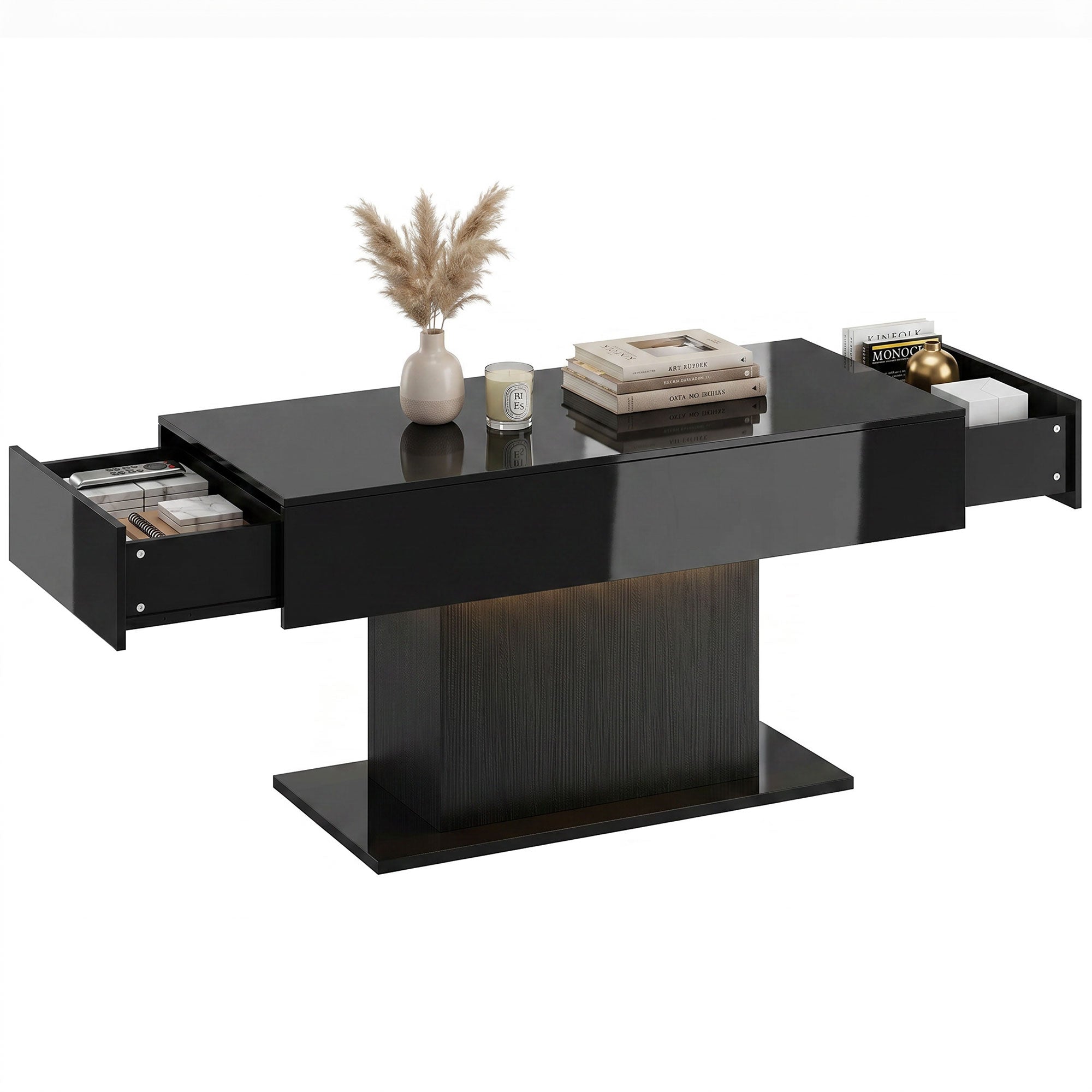 LED Coffee Table with Storage, High Gloss Modern Center Table with 2 Drawers and Remote Control for Living Room, Black