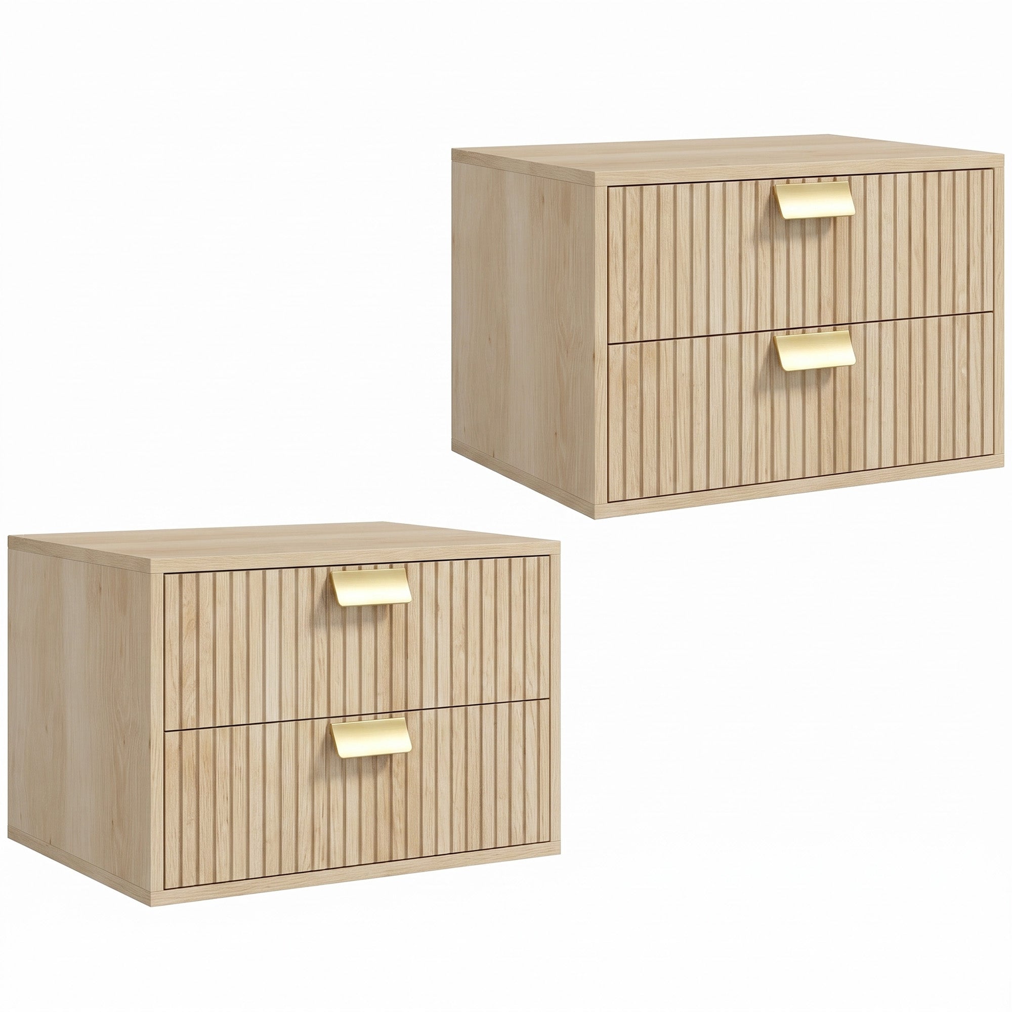 Modern Floating Nightstands Set of 2, Wall Mounted Bedside Tables with 2 Wave Drawers, Bedside Cabinets for Bedroom Living Room, Oak