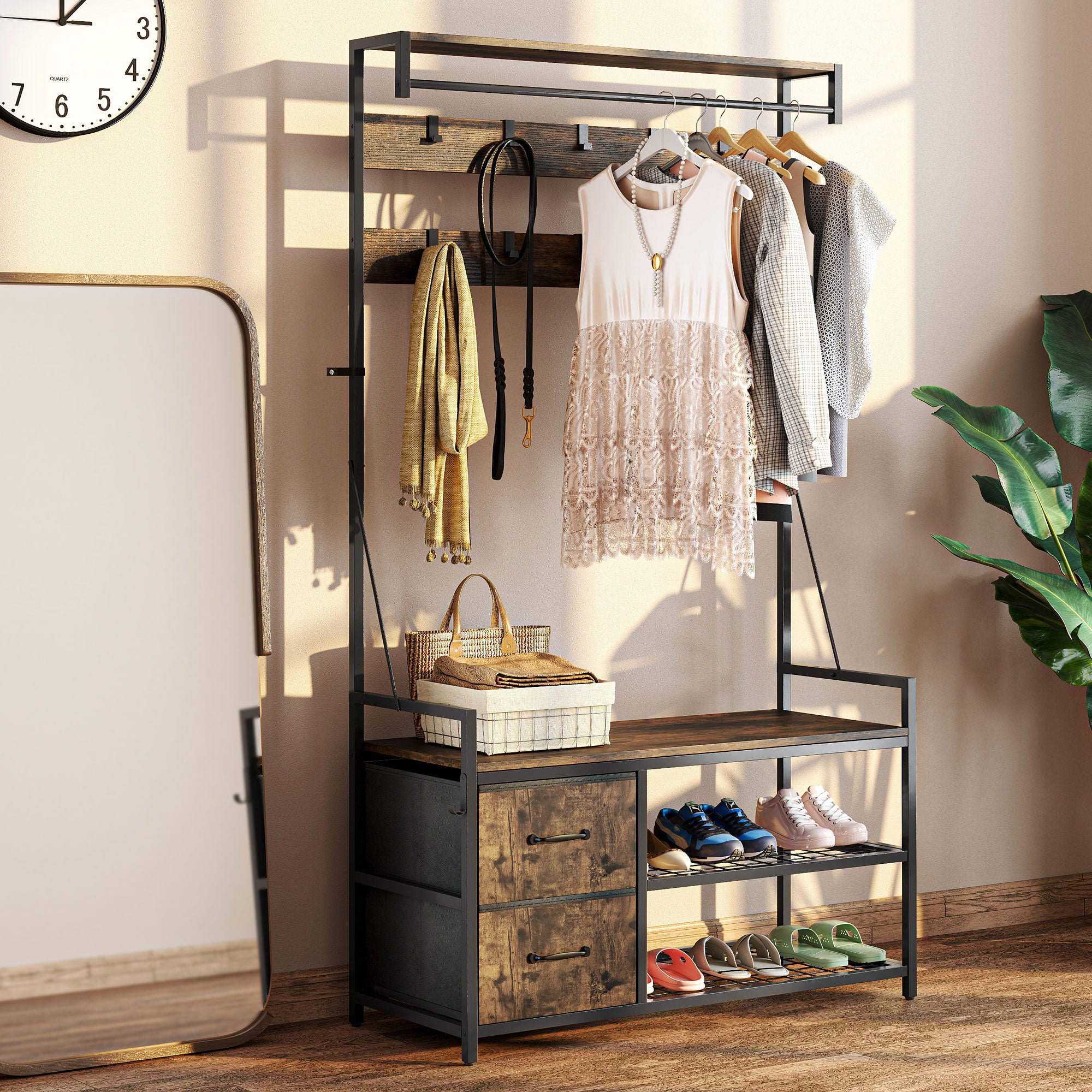 6-In-1 Hall Tree with Shoe Storage, Industrial Entryway Coat Rack Shoe Storage with 10 Adjustable Hooks, 2 Fabric Drawers and Hanging Rod for Hallway, Rustic Brown
