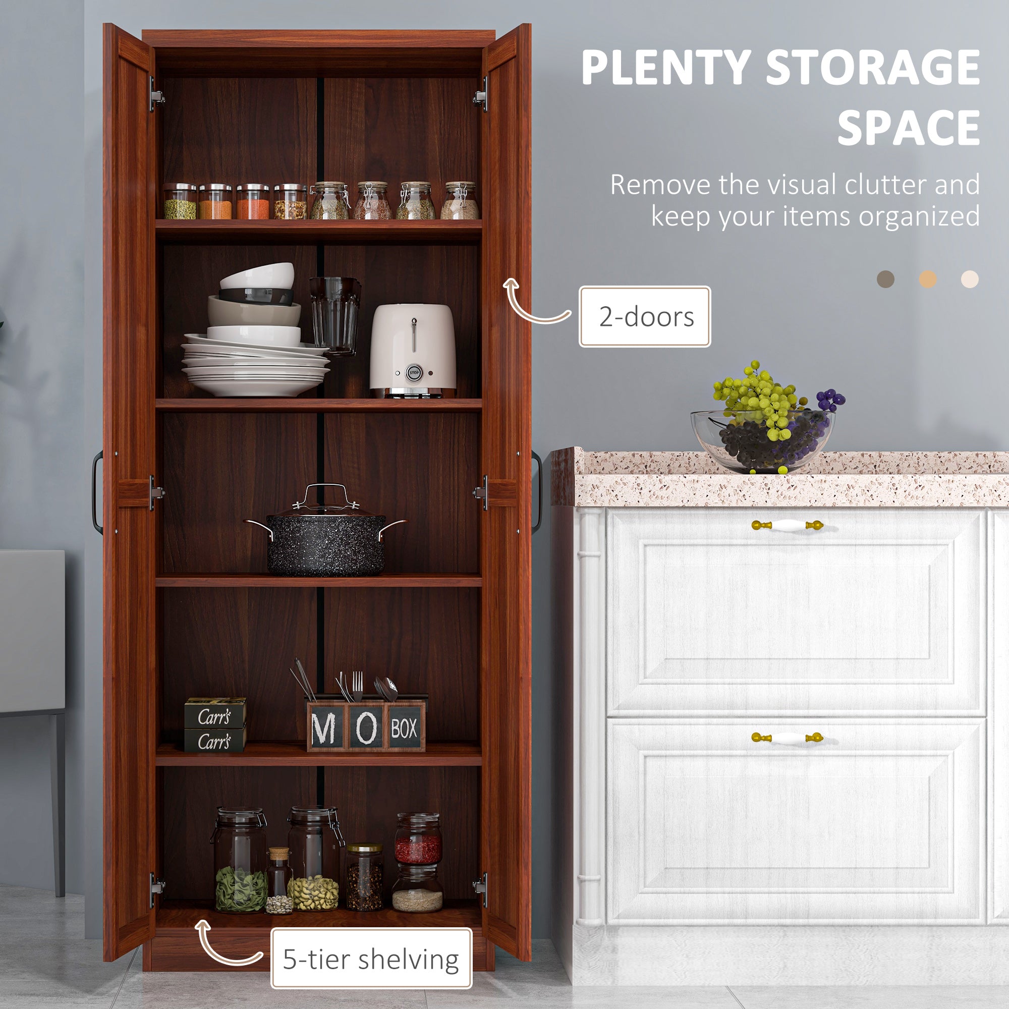 63" 2-Door Kitchen Pantry with 5-tier Shelving and 2 Adjustable Shelves, Tan