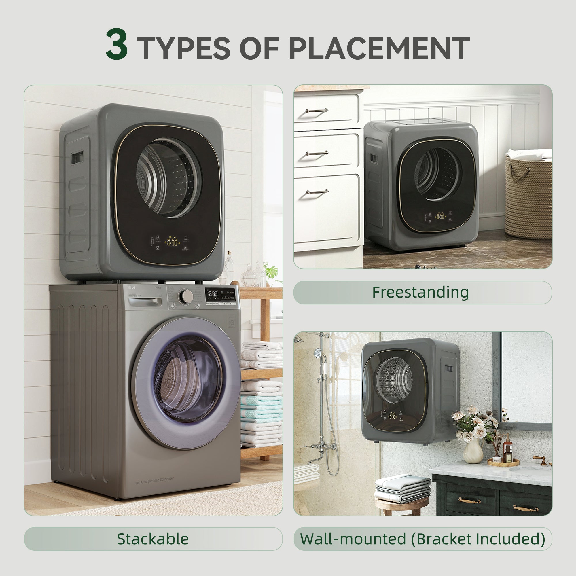 4kg Vented Tumble Dryer, 800W Compact Freestanding Front Tumble Dryer with 5 Drying Mode, Smart Sensor, Timer and Stainless Steel Tub, Wall-Mounted Portable Small Clothes Drying Machine, Grey