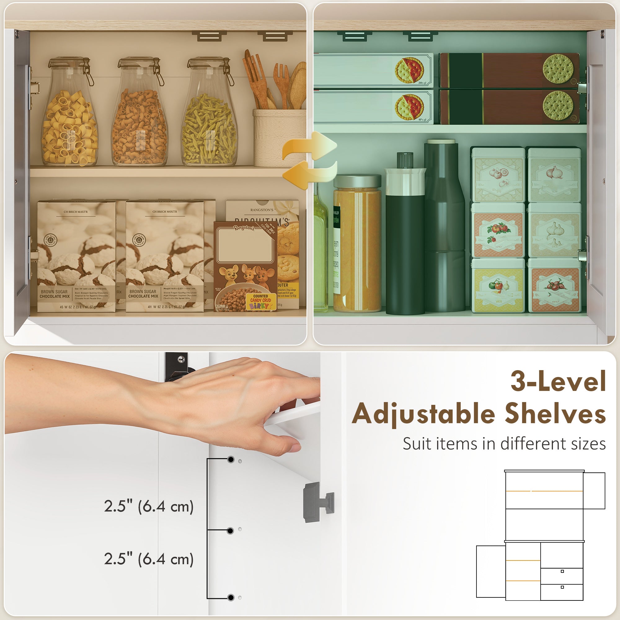 Kitchen Cupboard, Freestanding Kitchen Cabinet with 2 Cabinets, 2 Drawers, Open and Adjustable Shelves, Microwave Stand, Pantry Storage Cupboard for Dining Room and Living Room, White