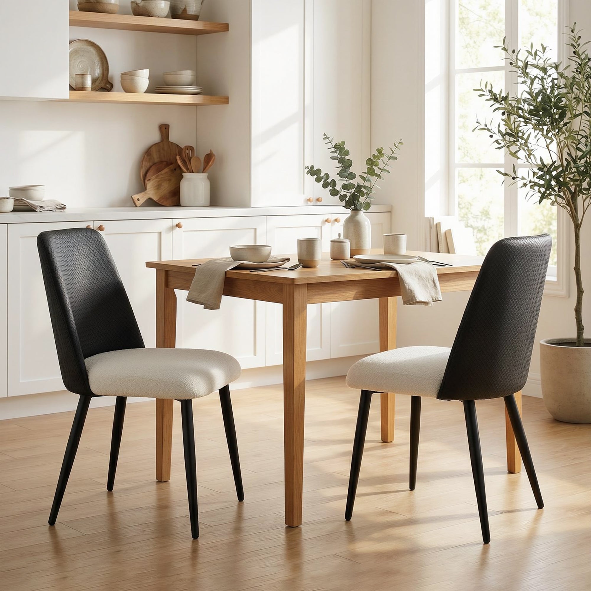 Dining Chairs Set of 2, Upholstered Kitchen Chairs with Padded Seat, Adjustable Foot Pads, Powder-Coated Steel Legs for Dining Room, Kitchen, Black