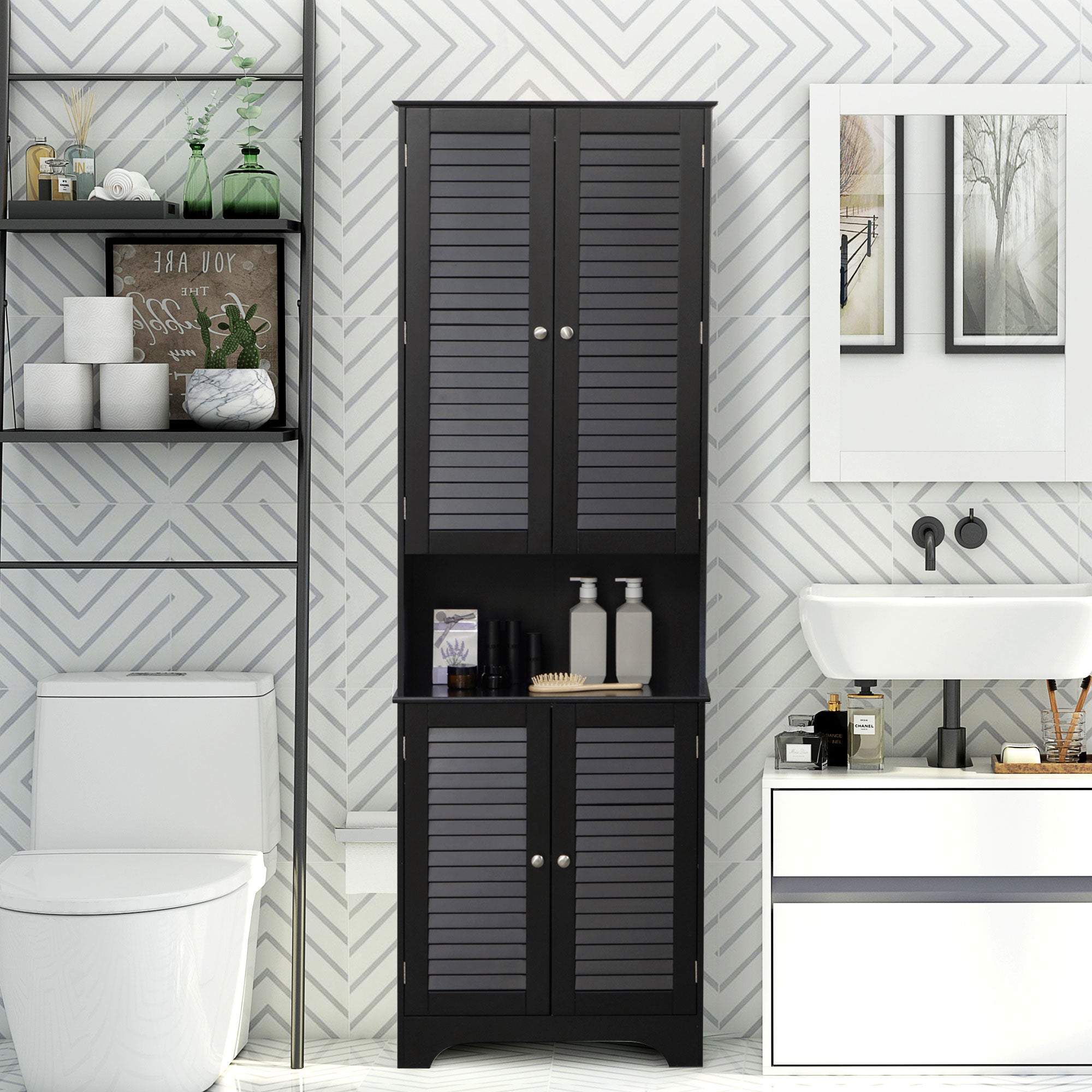 Tall Narrow Bathroom Storage Cabinet w/ Doors & Shelf, Freestanding Linen Cabinet, Black