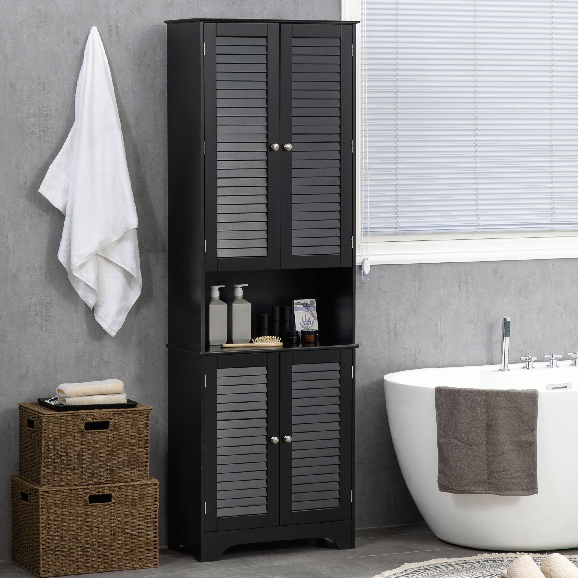 Tall Narrow Bathroom Storage Cabinet w/ Doors & Shelf, Freestanding Linen Cabinet, Black