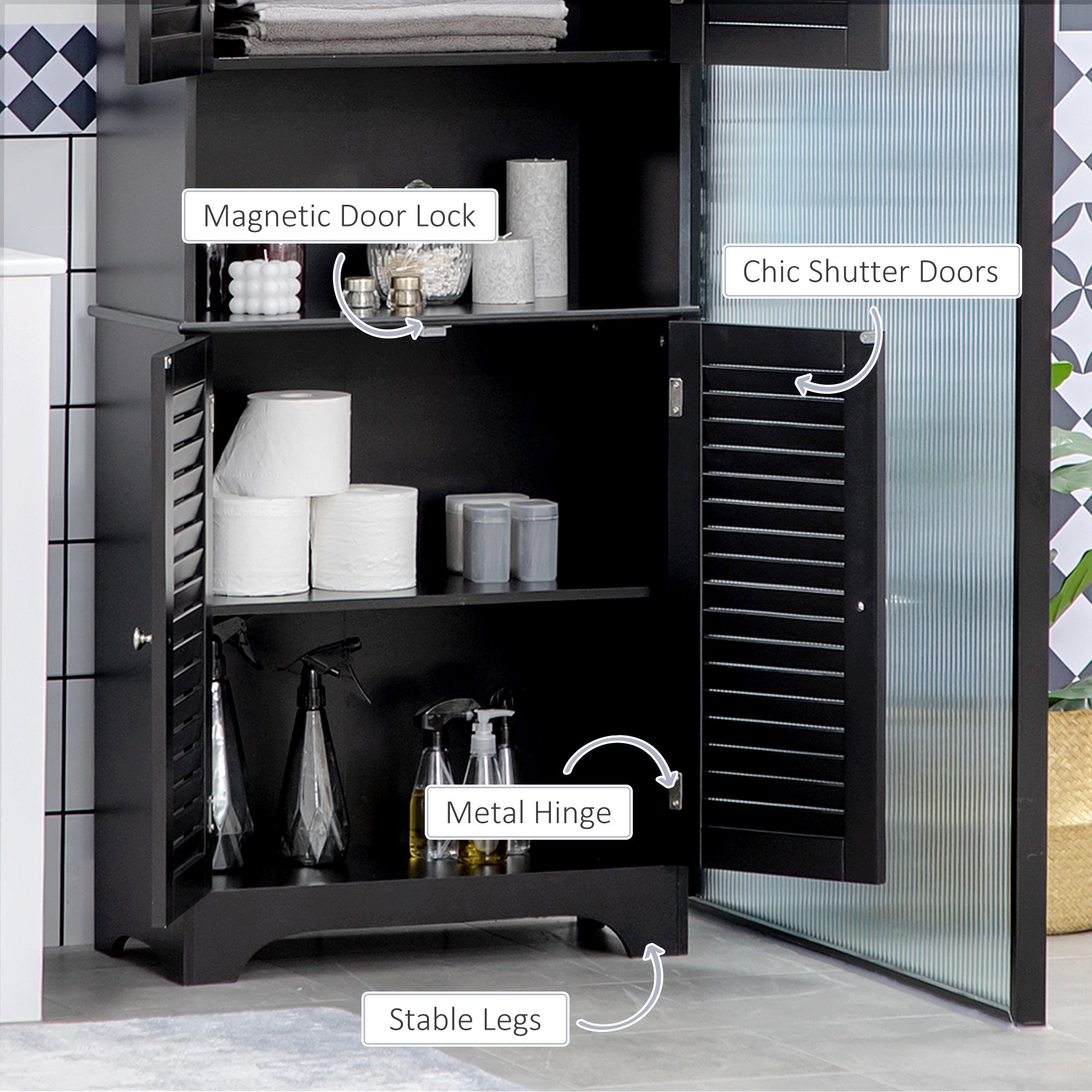Tall Narrow Bathroom Storage Cabinet w/ Doors & Shelf, Freestanding Linen Cabinet, Black