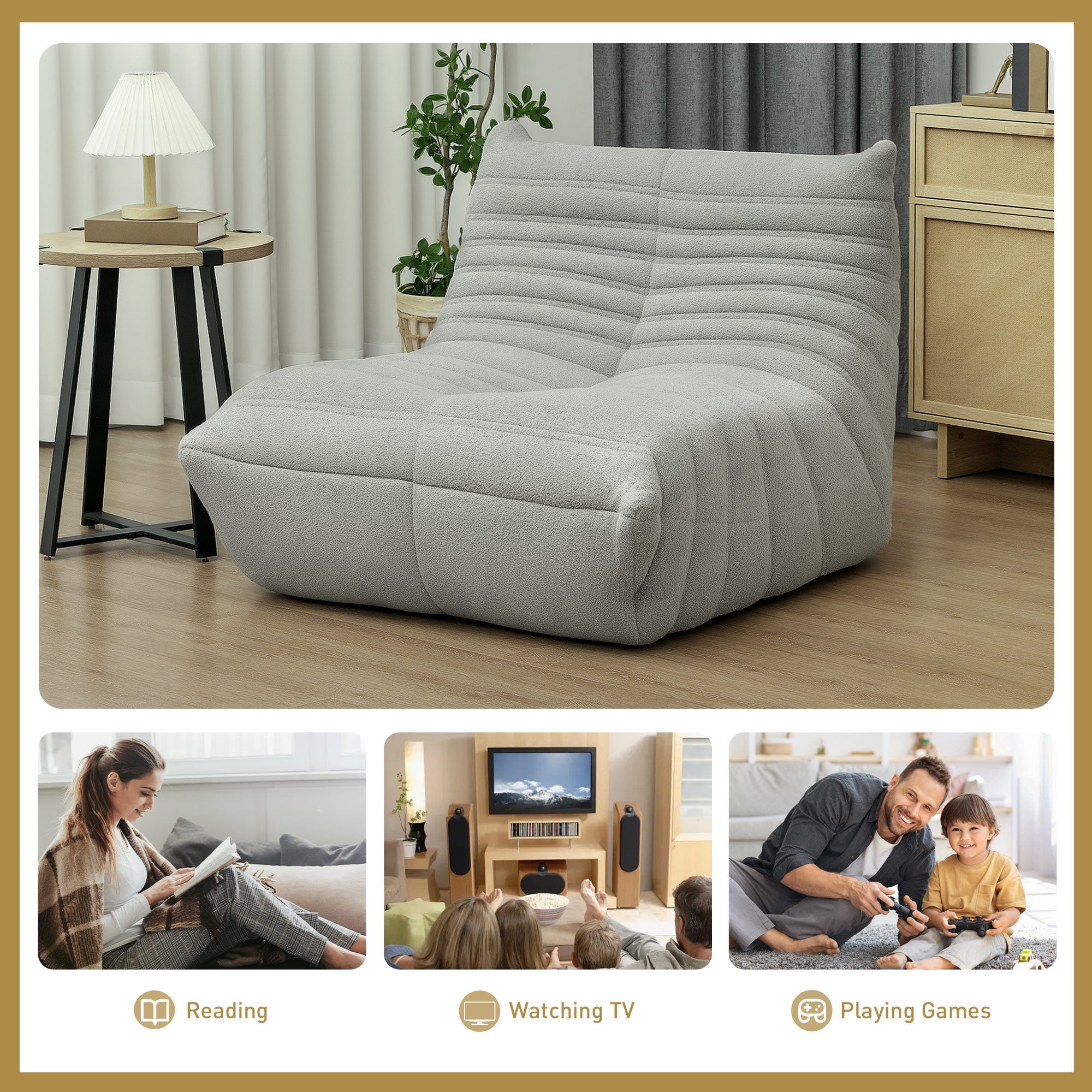 HOMCOM Bean Bag Chair for Adults, Giant Fireside Chair Lazy Sofa, Bean Bag Sofa with High Density Comfortable Foam for Living Room, Bedroom, Light Gray