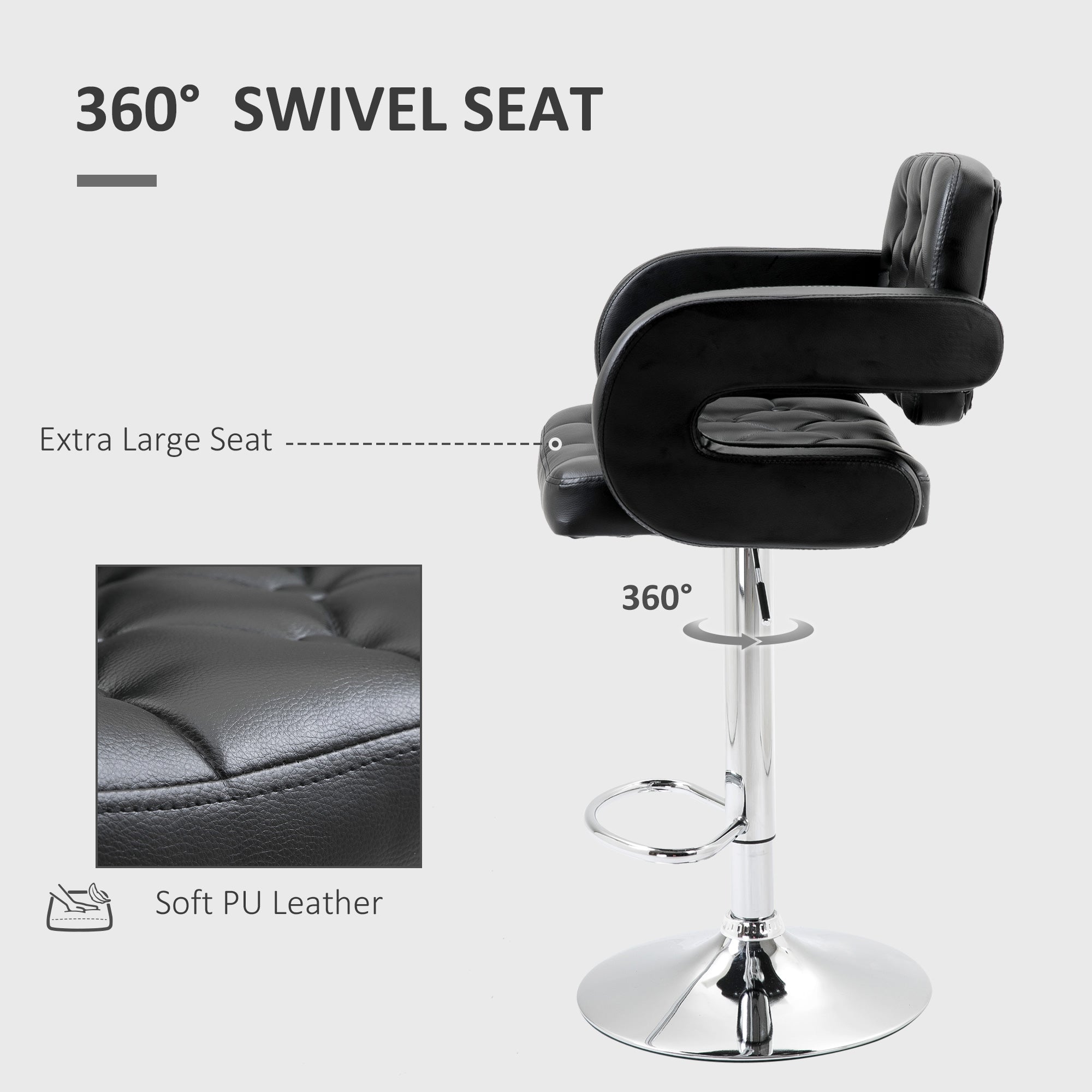 HOMCOM Swivel Bar Stool with Extra Large Seat, PU Leather Upholstered Adjustable Barstool with Back, Arm and Footrest, Breakfast Bar Chair for Bistro, Kitchen, Black
