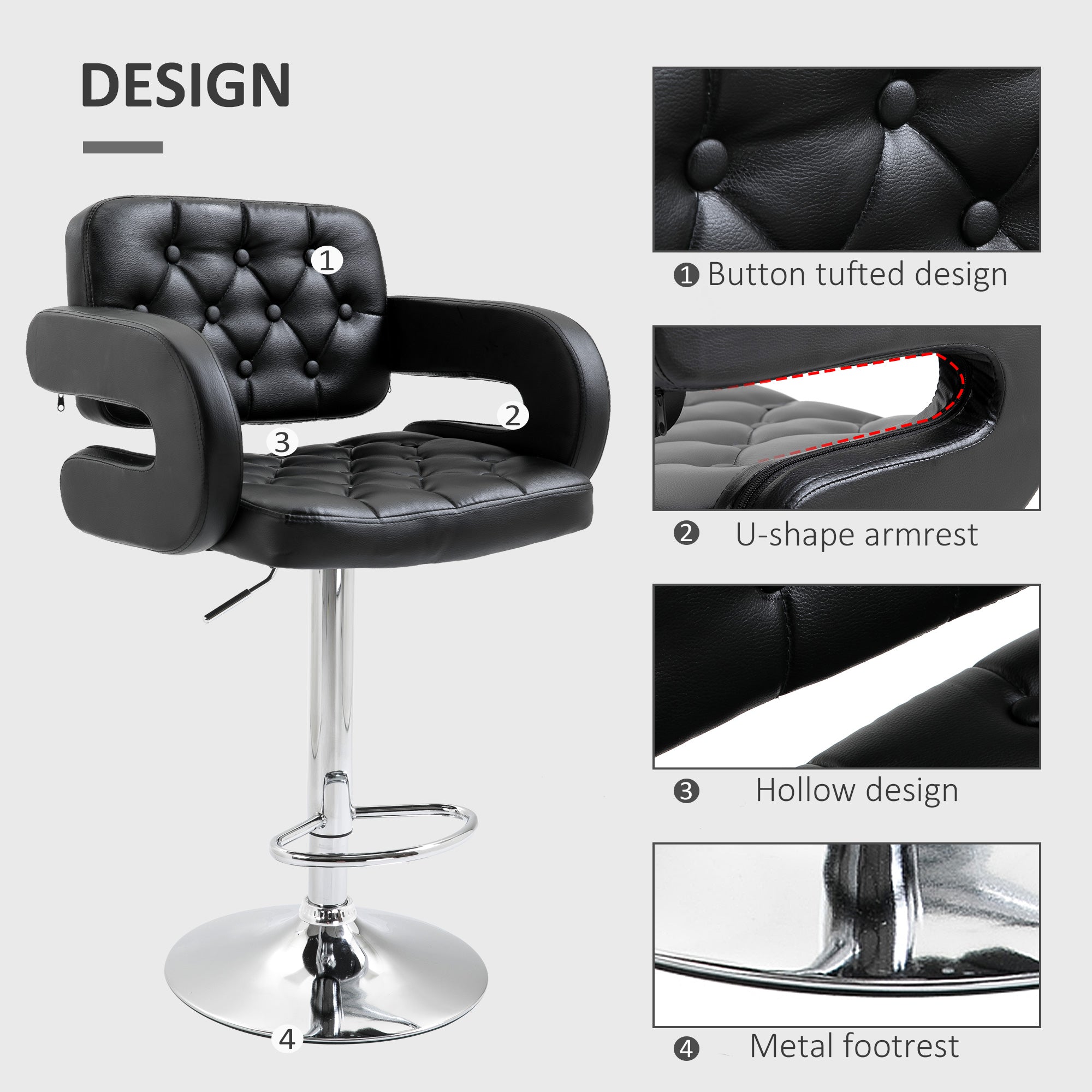 HOMCOM Swivel Bar Stool with Extra Large Seat, PU Leather Upholstered Adjustable Barstool with Back, Arm and Footrest, Breakfast Bar Chair for Bistro, Kitchen, Black