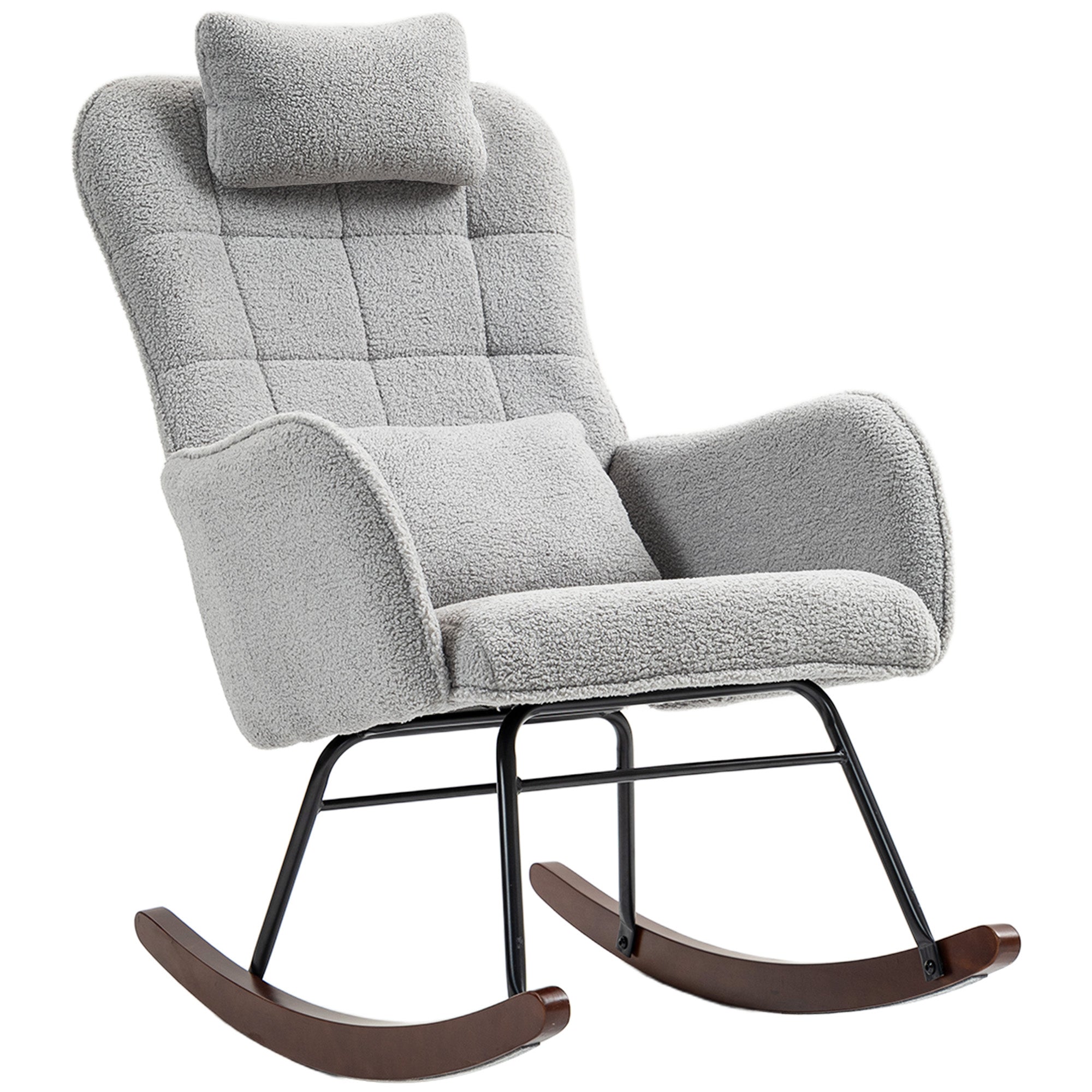 Boucle Rocking Chair With Headrest And Lumber Pillow Light Gray