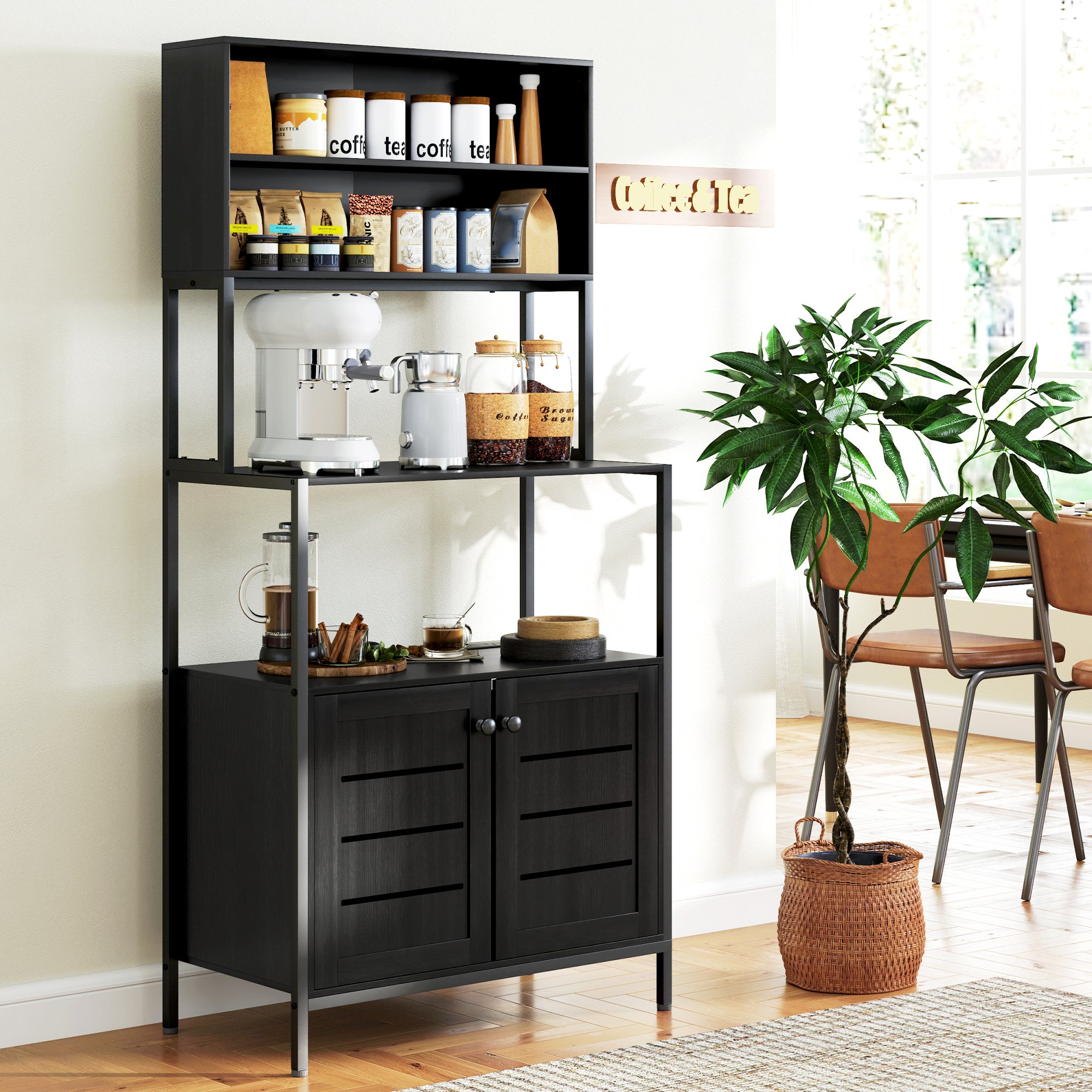 HOMCOM Kitchen Bakers Rack with Power Outlet, Coffee Bar Cabinet with Storage Shelves, Microwave Stand with Louvred Door Cabinets, Black