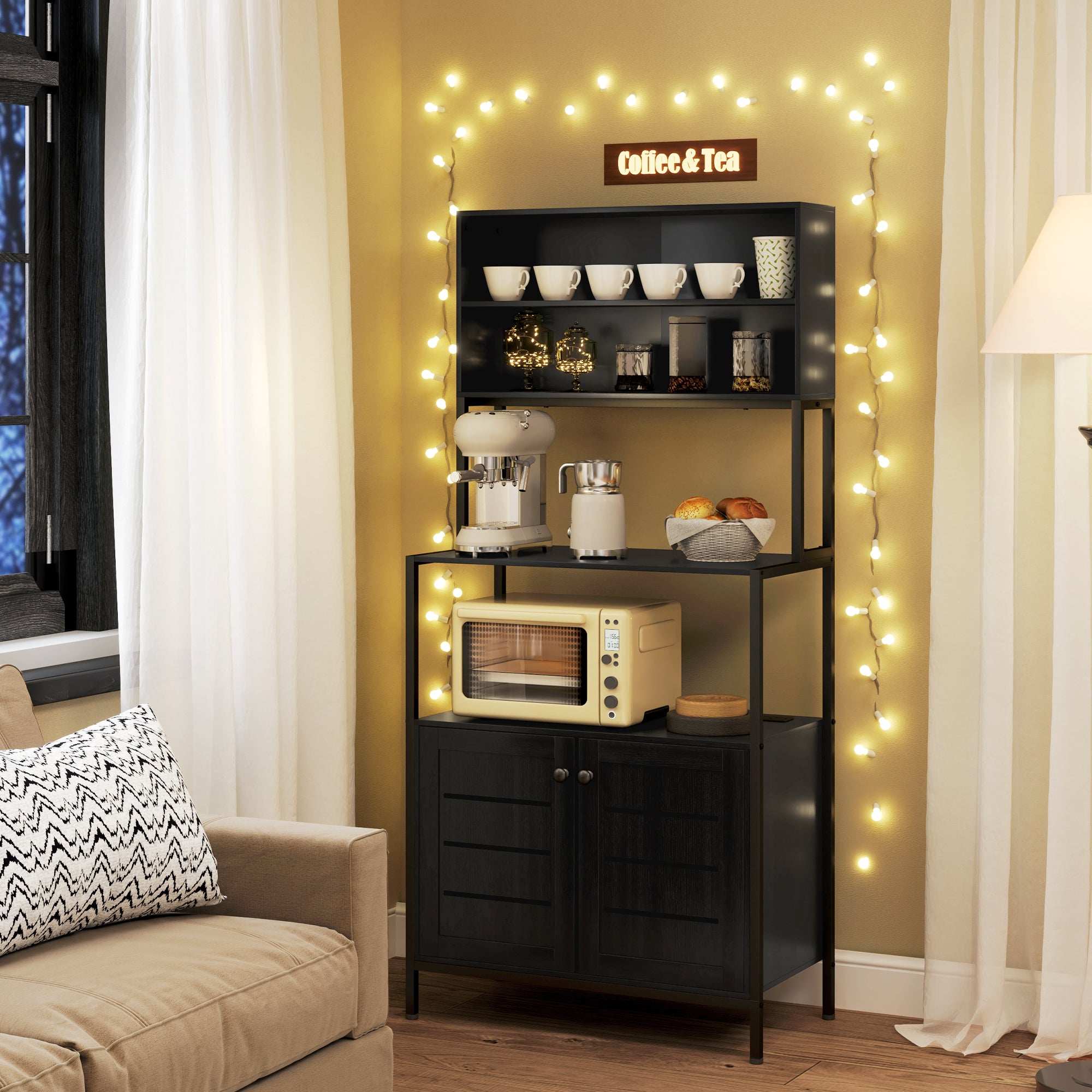 HOMCOM Kitchen Bakers Rack with Power Outlet, Coffee Bar Cabinet with Storage Shelves, Microwave Stand with Louvred Door Cabinets, Black