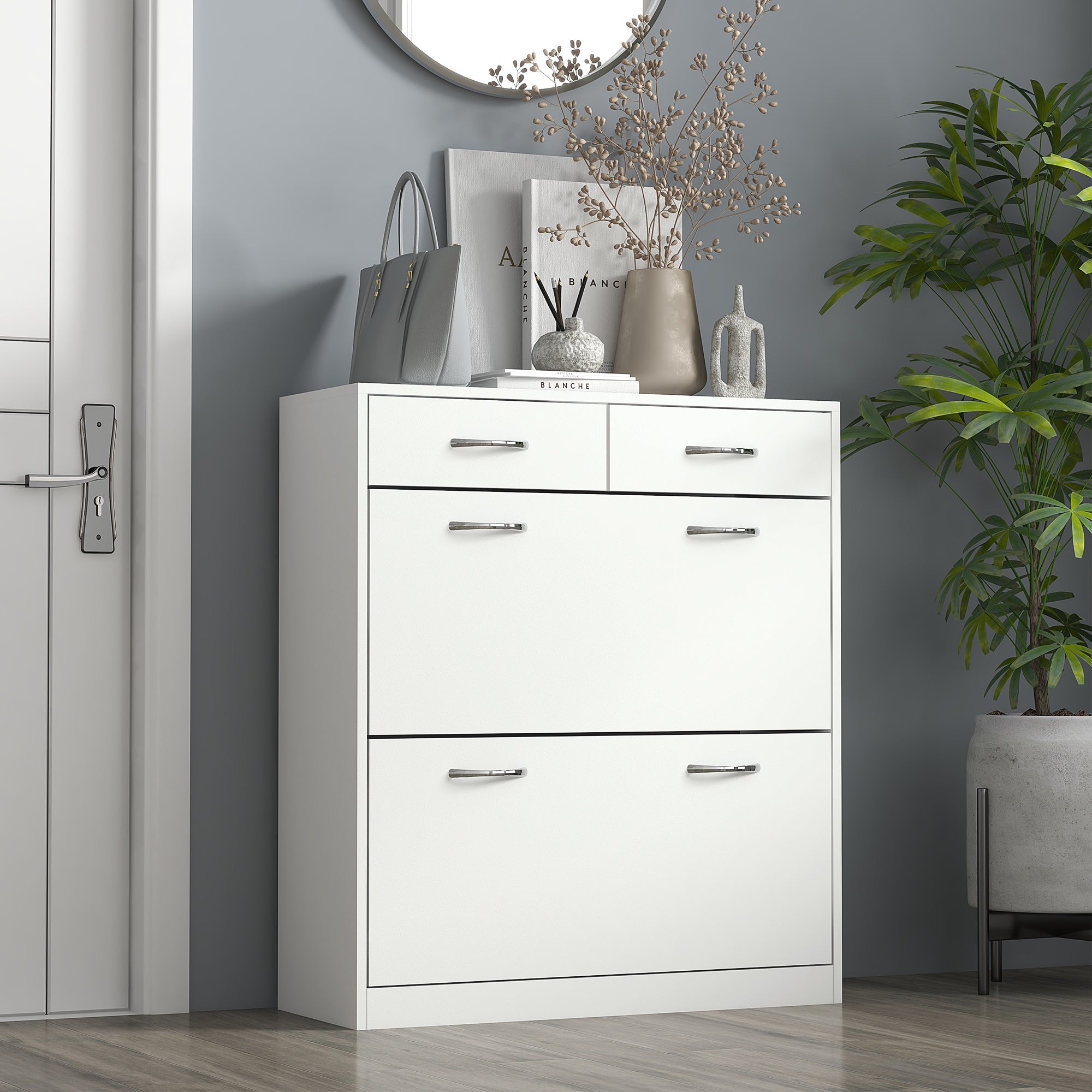 HOMCOM Narrow Shoe Cabinet, Slim Shoe Storage Cabinet with 2 Flip Drawers, 2 Slide Out Drawers and Adjustable Shelves for 12 Pairs of Shoes for Entryway Hallway, White
