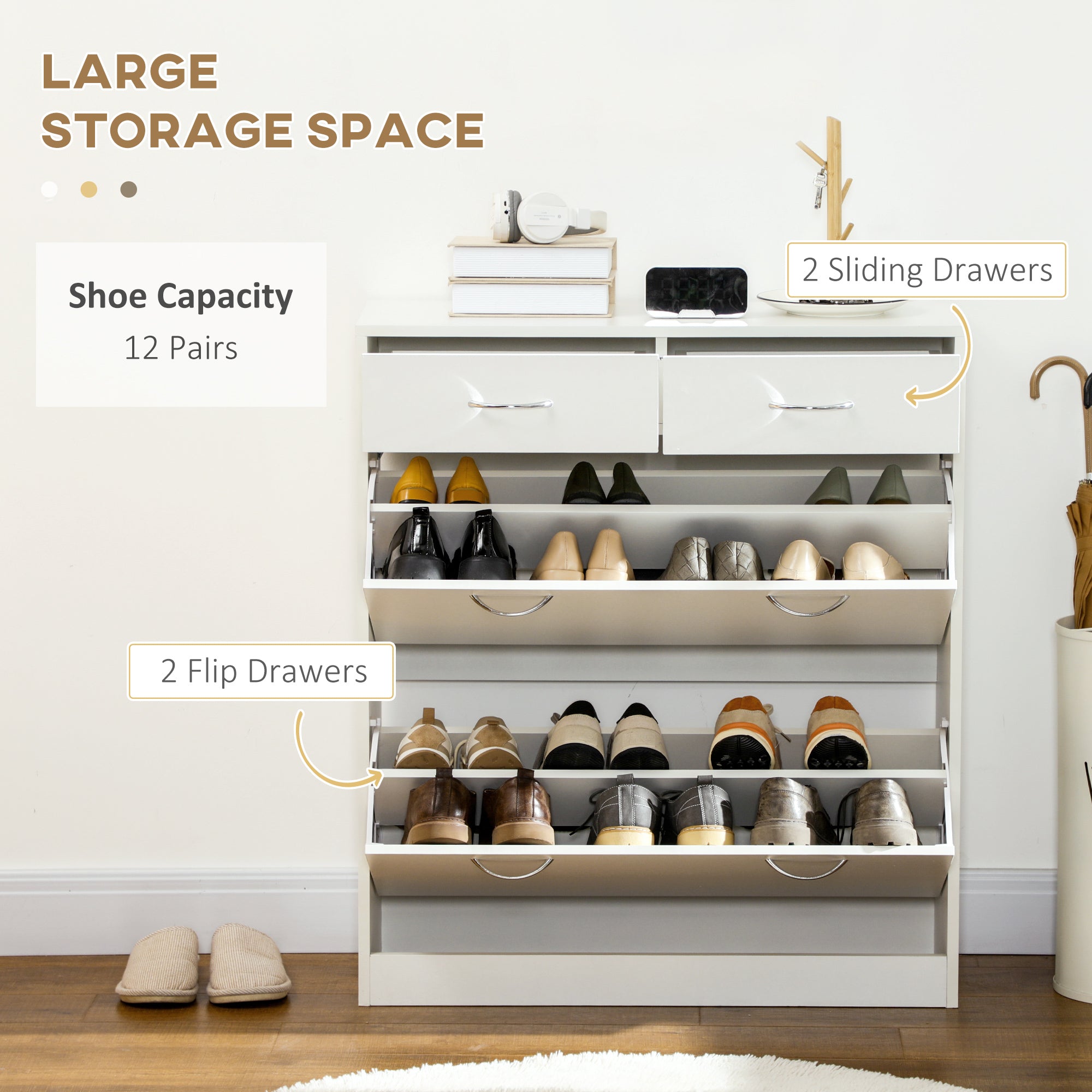 HOMCOM Narrow Shoe Cabinet for Entryway Hallway, Shoe Storage Cabinet with 2 Flip Drawers, 2 Slide Out Drawers and Adjustable Shelves for 12 Pairs of Shoes, White