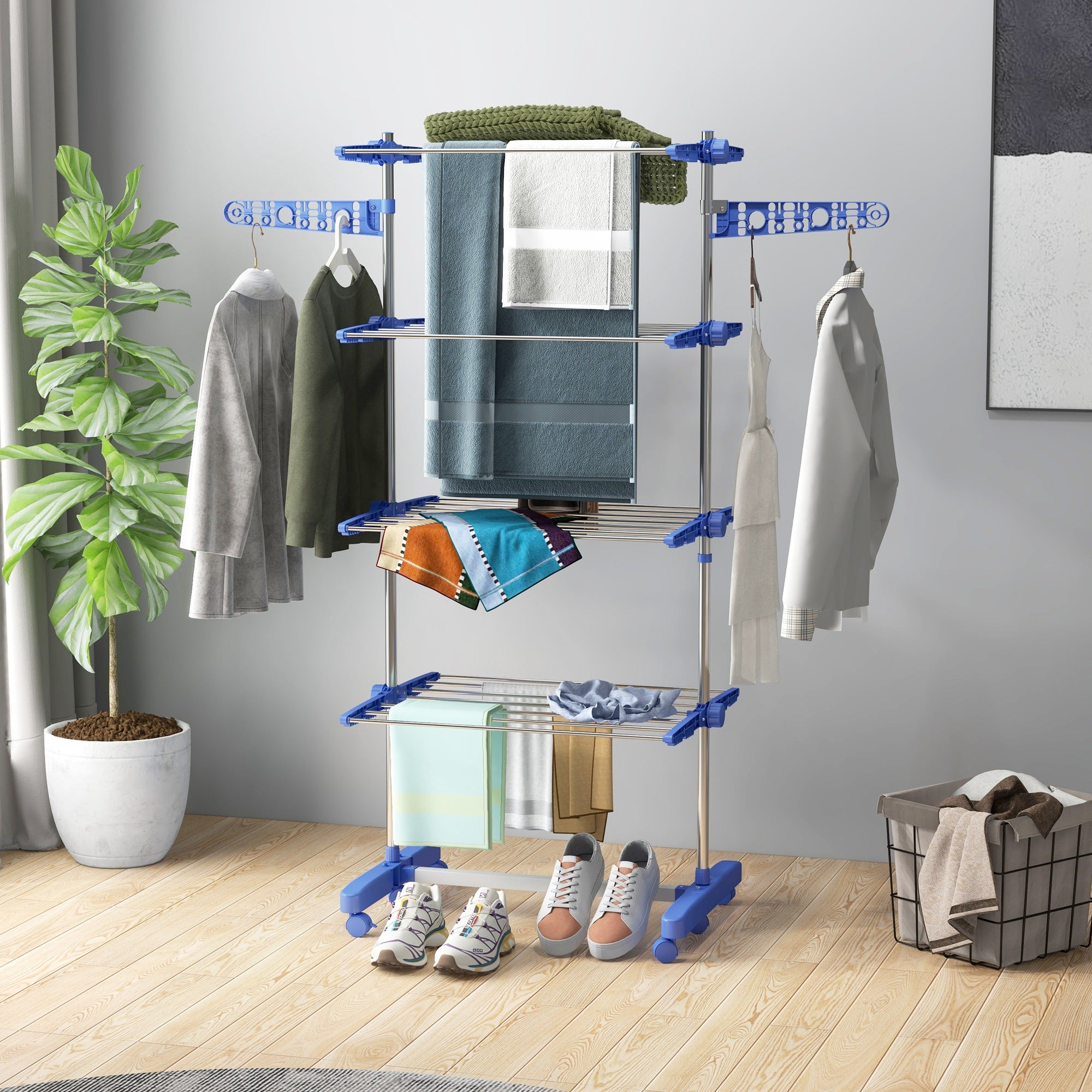 HOMCOM 4-Tier Clothes Airer, Foldable Clothes Drying Rack, Stainless Steel Indoor and Outdoor Clothes Dryer with Wheels and Wings, Easy Assembly, 142 x 55 x 172cm, Blue