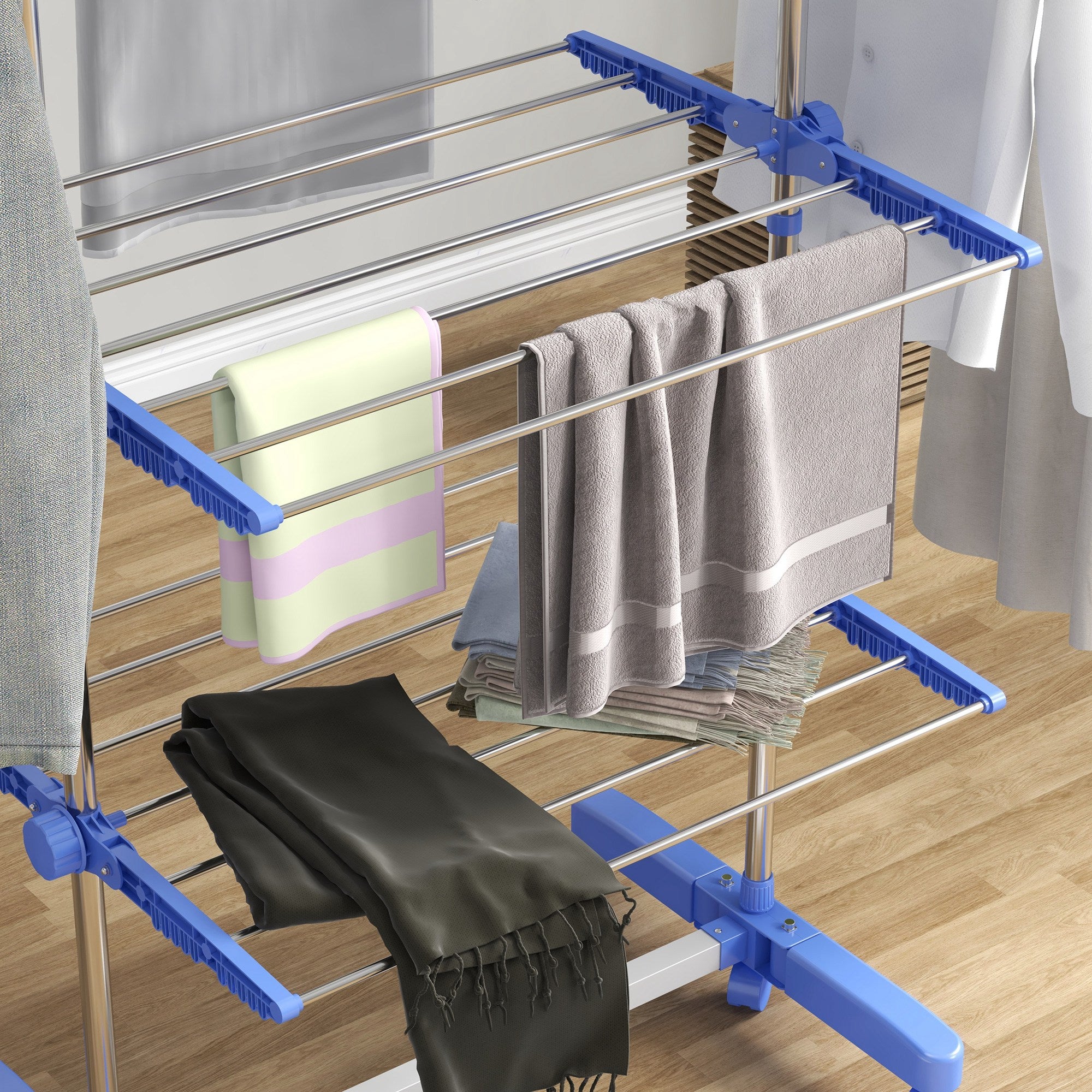 HOMCOM 4-Tier Clothes Airer, Foldable Clothes Drying Rack, Stainless Steel Indoor and Outdoor Clothes Dryer with Wheels and Wings, Easy Assembly, 142 x 55 x 172cm, Blue
