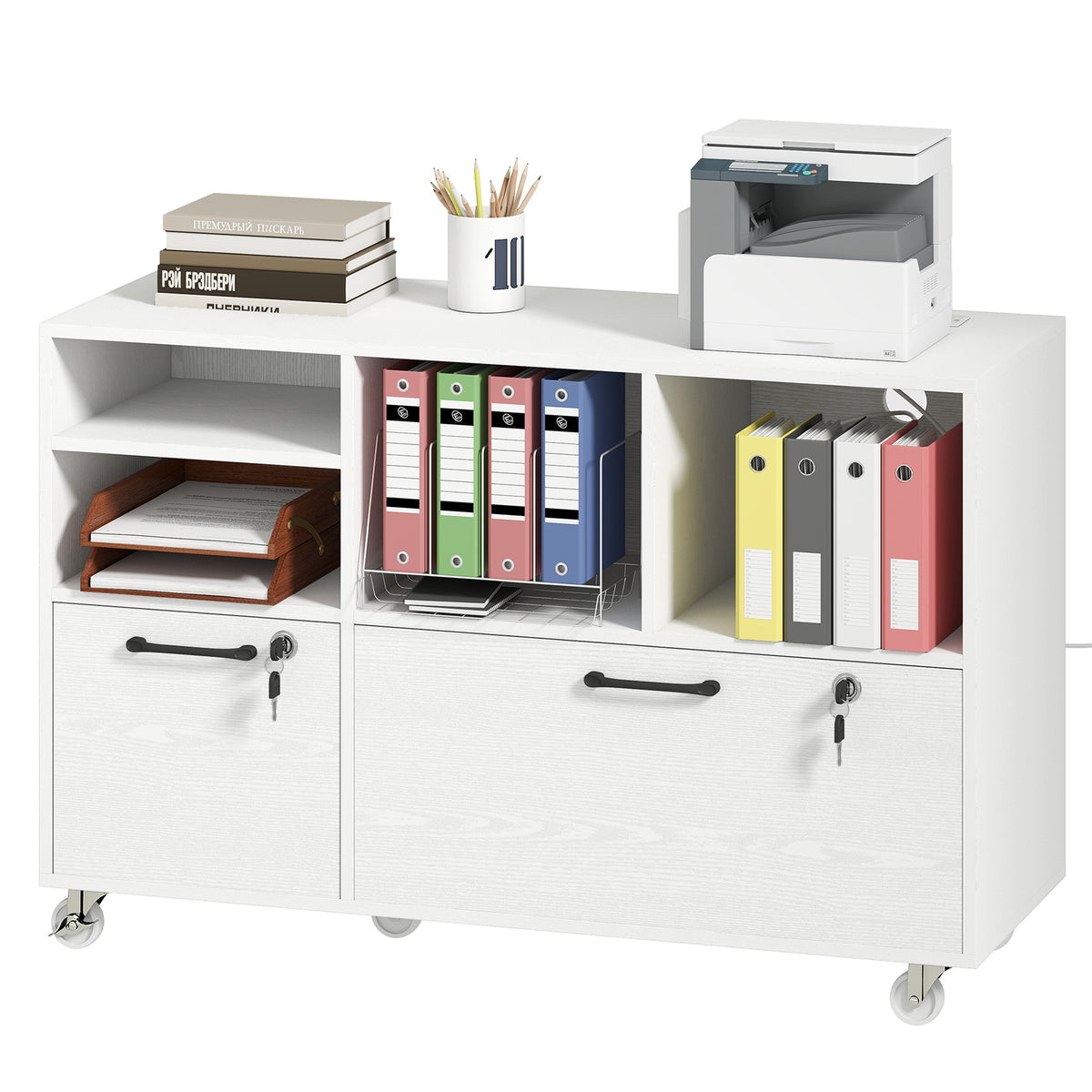 File Cabinet, 2 Drawer Mobile Lateral Filing Cabinet with Lock, Charging Station, Printer Stand with Shelves, Hanging Bars, Fits A4/Letter/Legal Size for Home Office, White