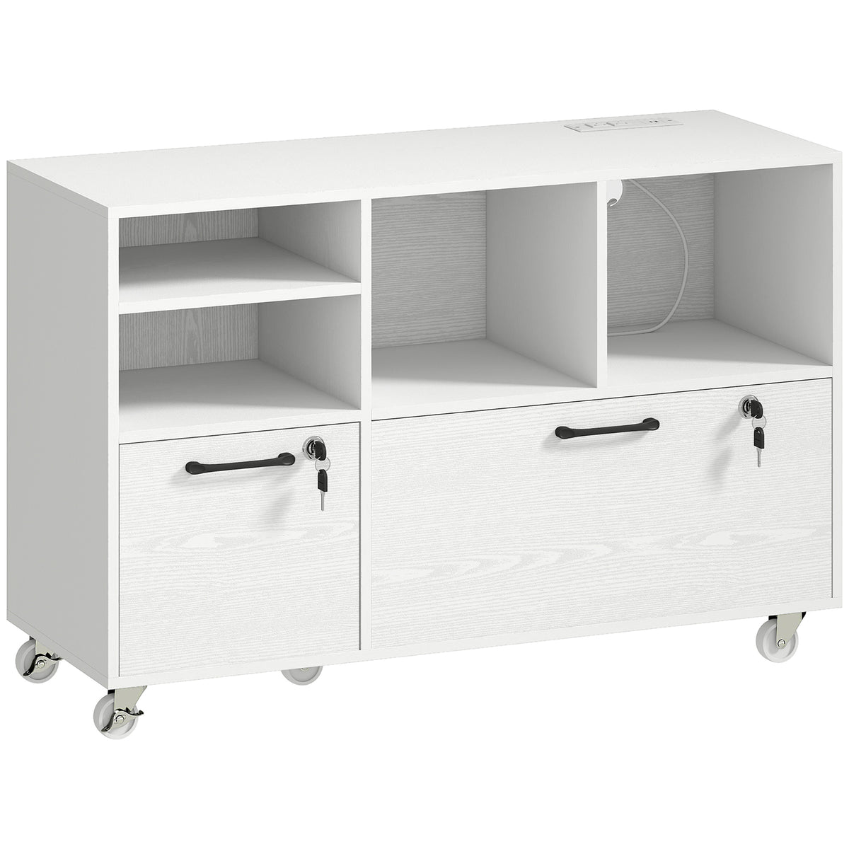 File Cabinet, 2 Drawer Mobile Lateral Filing Cabinet with Lock, Charging Station, Printer Stand with Shelves, Hanging Bars, Fits A4/Letter/Legal Size for Home Office, White