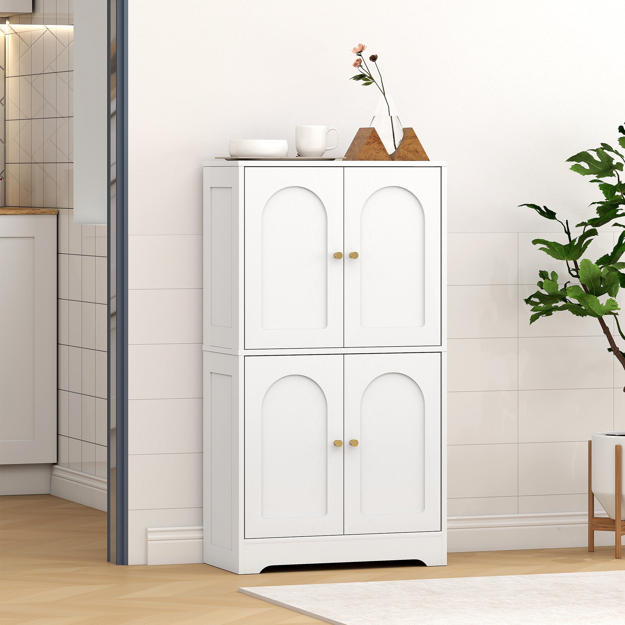 110cm Kitchen Cupboard, Freestanding Kitchen Storage Cabinet with 4 Arched Doors and 2 Adjustable Shelves, Modern Pantry Cupboard for Dining Room, White