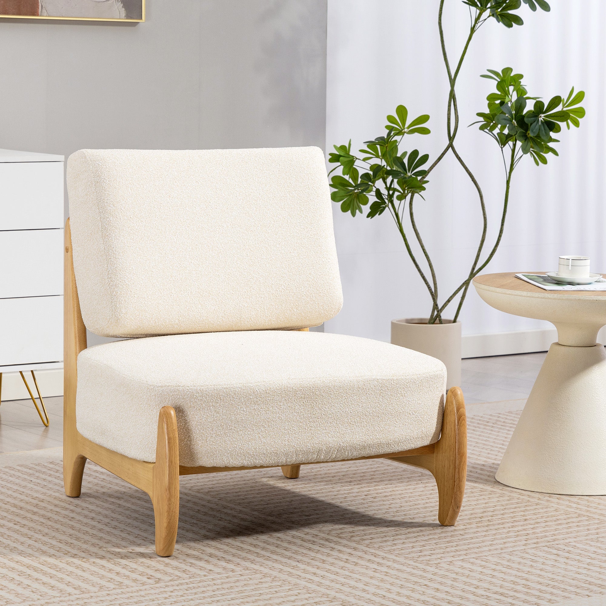 Ultra-Wide Accent Chair with Rubber Wood Frame, Modern Chenille Upholstered Bedroom Chair with Thick Cushion, High-Density Foam for Living Room, Cream White
