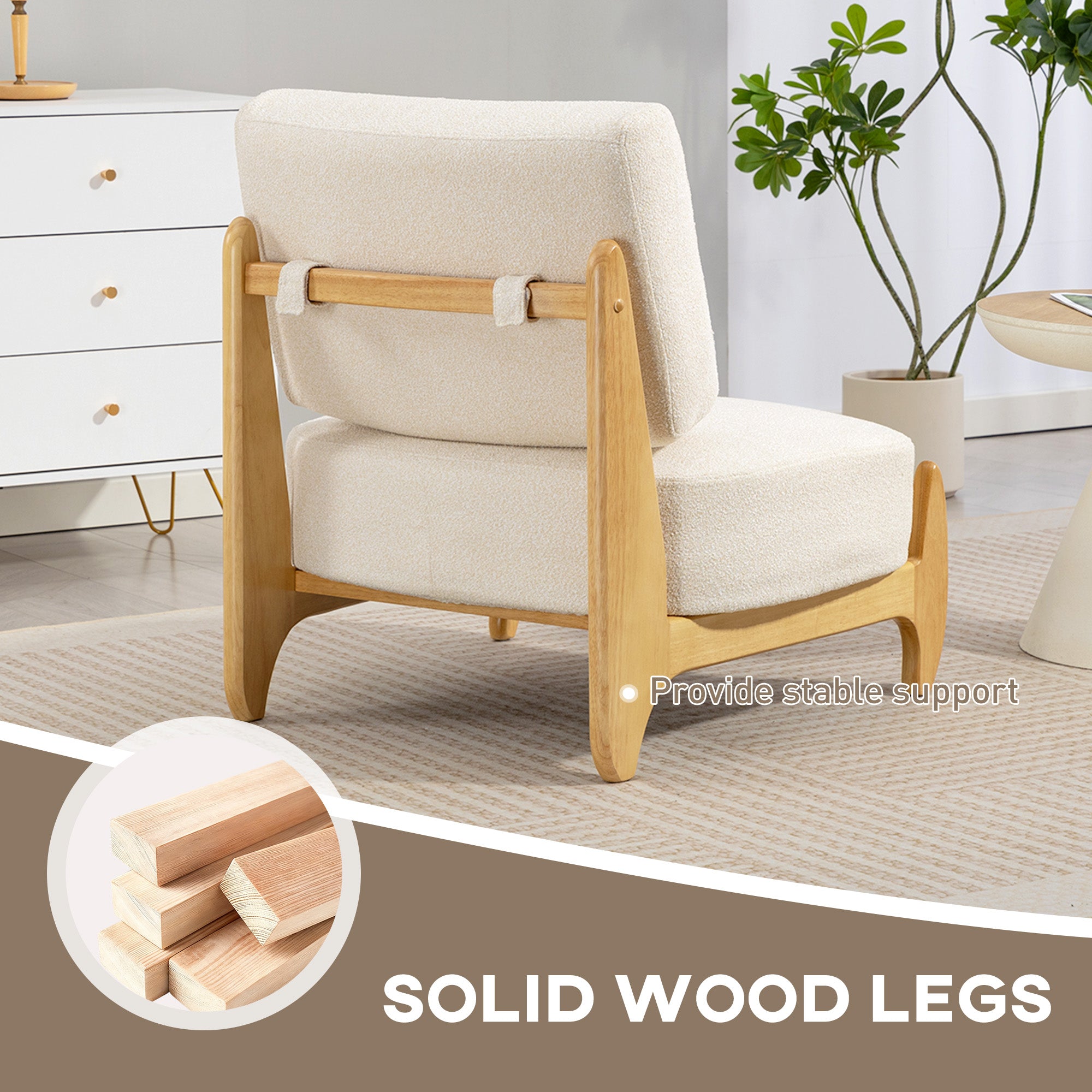 Ultra-Wide Accent Chair with Rubber Wood Frame, Modern Chenille Upholstered Bedroom Chair with Thick Cushion, High-Density Foam for Living Room, Cream White