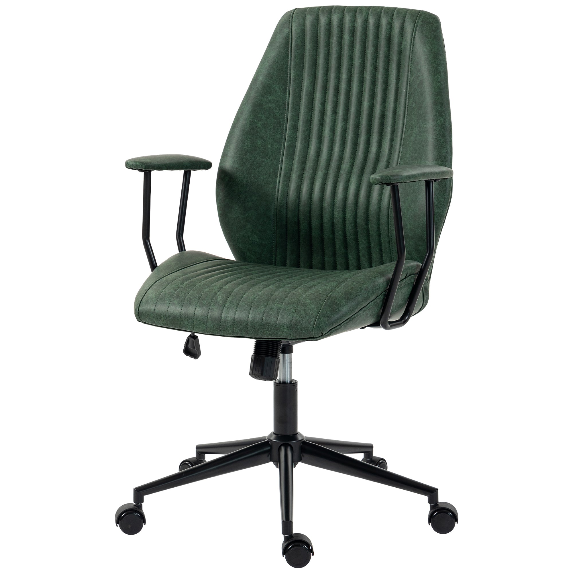 Home Office Desk Chair, PU Leather Computer Chair with Padded Arms, Mid Back, 360° Swivel, Adjustable Height, Tilt Function, Rolling Wheels, Vintage Style for Task, Study, Work, Green