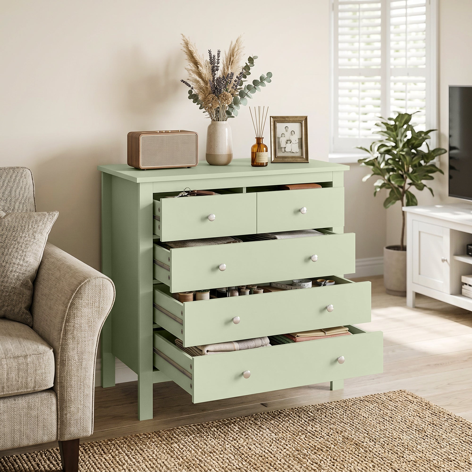 5 Drawer Chest of Drawers, Modern Dresser for Bedroom, Bedside Storage Cabinet, Wide Storage Unit with Glide Runners for Living Room, Hallway, Closet, 79 x 39.5 x 80.5 cm, Sage Green
