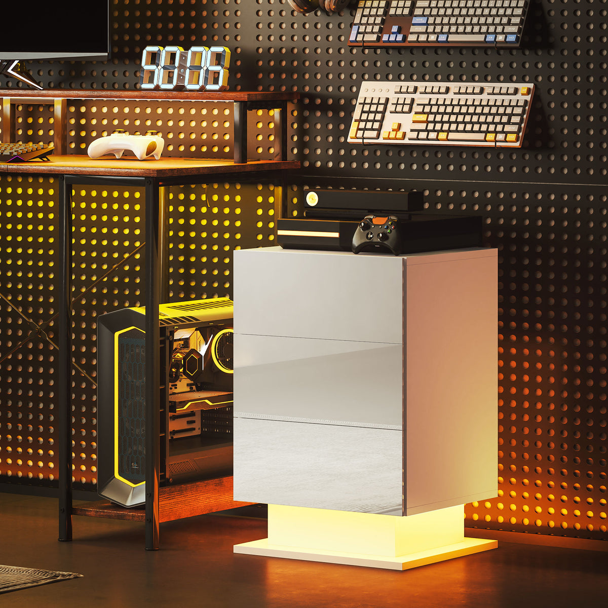 Modern LED Nightstand Bedside Table with Adjustable Colour Lighting & 3 Drawers, Remote Control, 40 x 35 x 60 cm, Side End Table for Bedroom Study, Glossy White