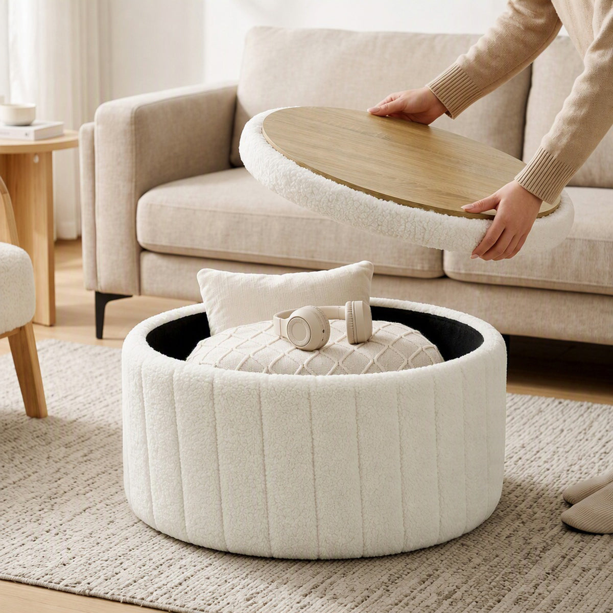 Round Coffee Table with Hidden Storage, Sherpa Fleece Center Table with Dual Reversible Lid, Upholstered Storage Ottoman for Living Room, Cream White