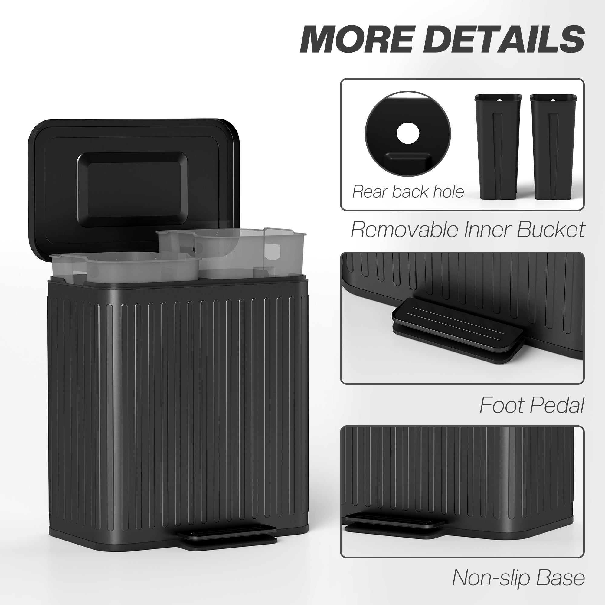 Trash Can, 2 x 5.3 Gallon (2 x 20 L) Garbage Can with Soft-Close Lid, Foot Pedal, Removable Inner Buckets, Fingerprint-Proof, Garbage Bin for Kitchen Home Office, Black