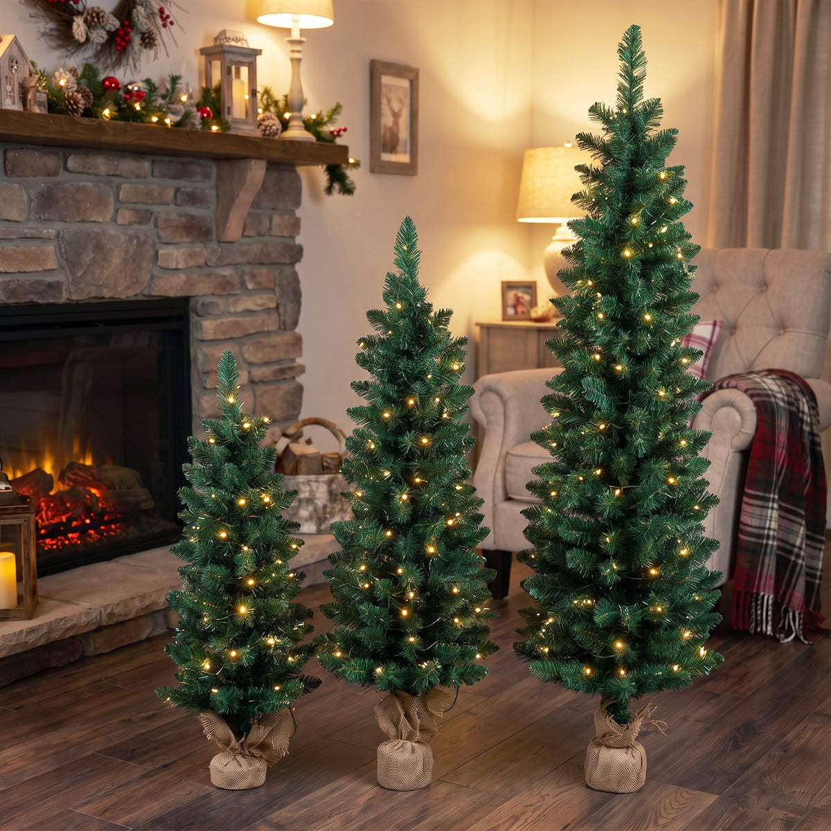 Artificial Pencil Christmas Tree Set of 3, Pre-Lit Christmas Trees with PVC Tips and Warm White LED Lights, Slim Xmas Decorations, 3/4/5 ft, Green