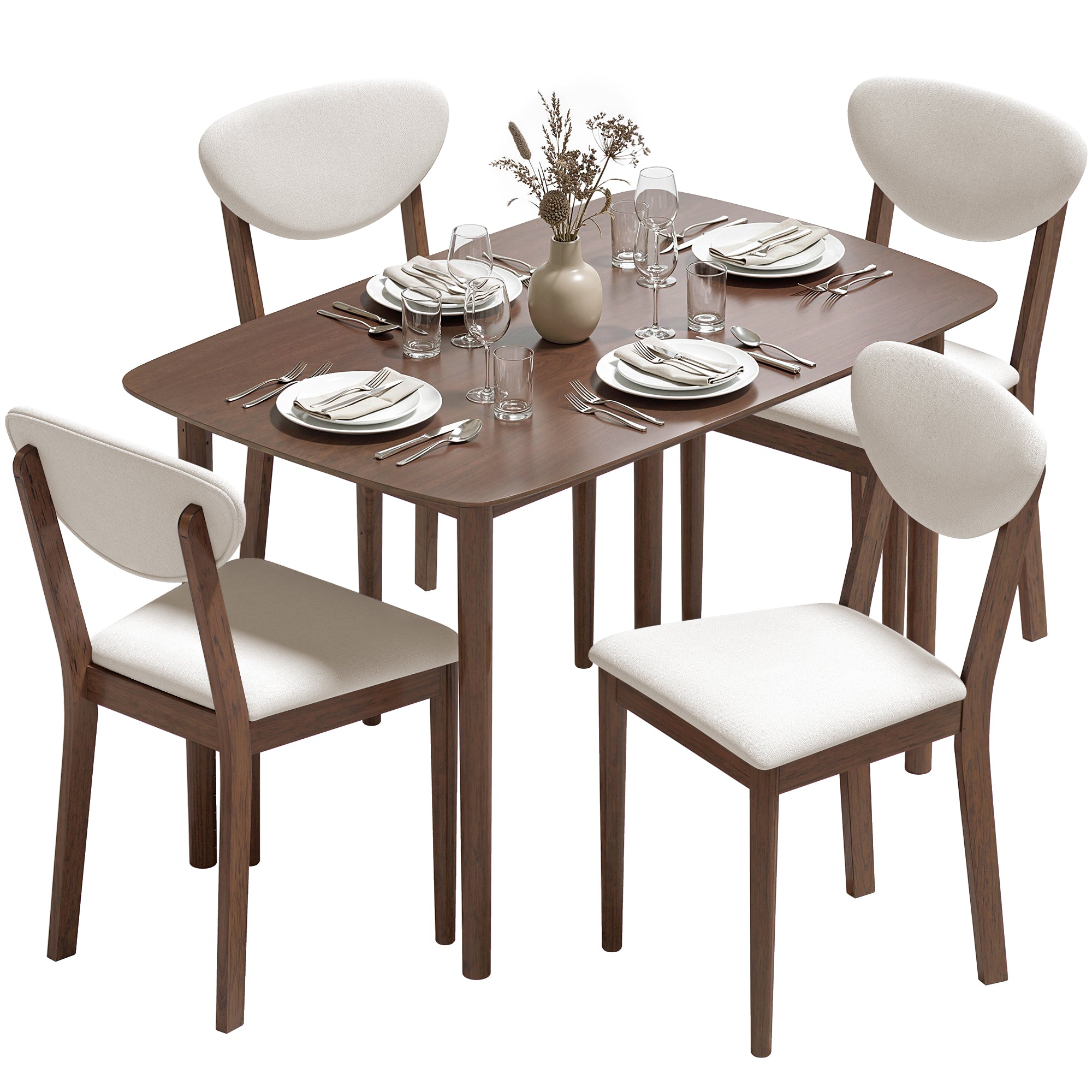 5-Piece Dining Table Set for 4, Mid-Century Modern Kitchen Table and Chairs with Padded Seats and Backrests, Solid Wood Frame for Small Space, Dining Room, Living Room, Cream White