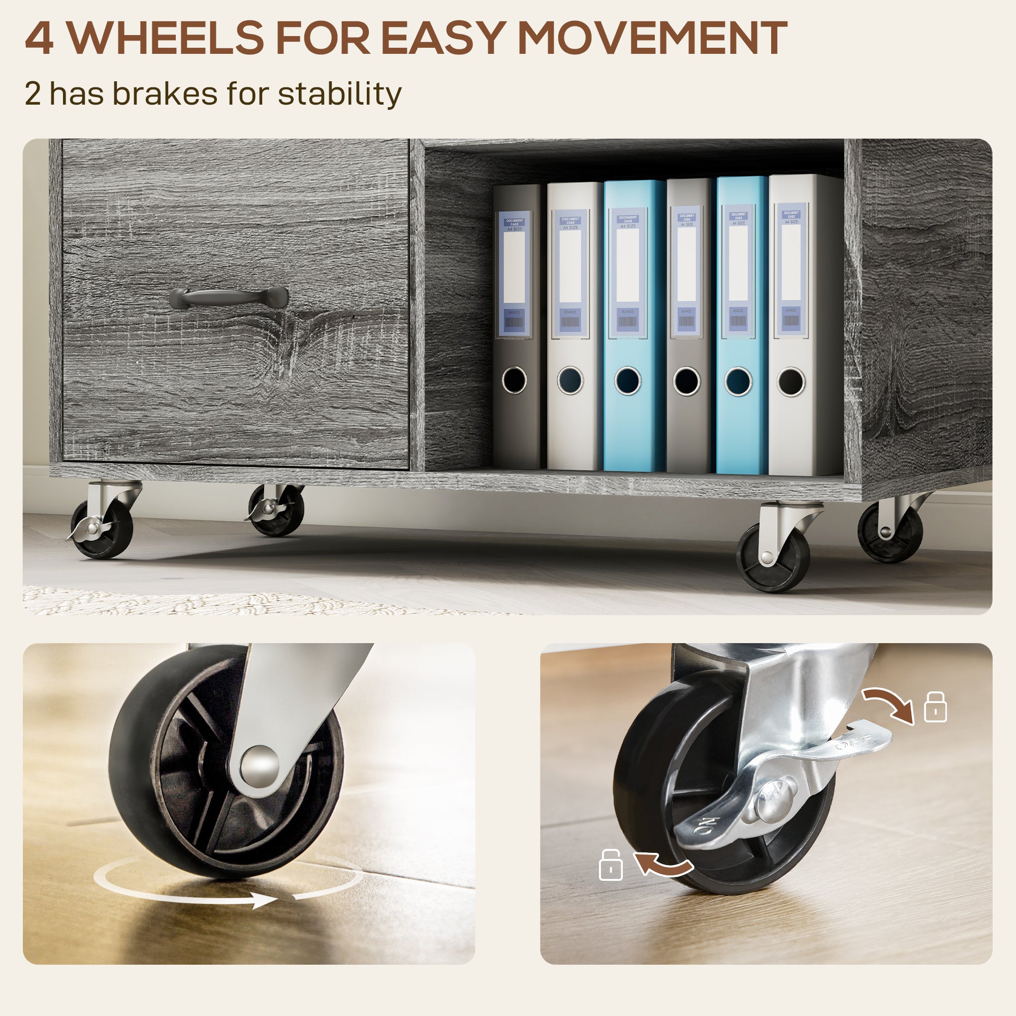 HOMCOM 3 Drawer Lateral Filing Cabinet with Charging Station and USB Ports, Mobile Printer Stand with Open Storage Shelf, Locking File Cabinet for A4, Letter Size, Grey