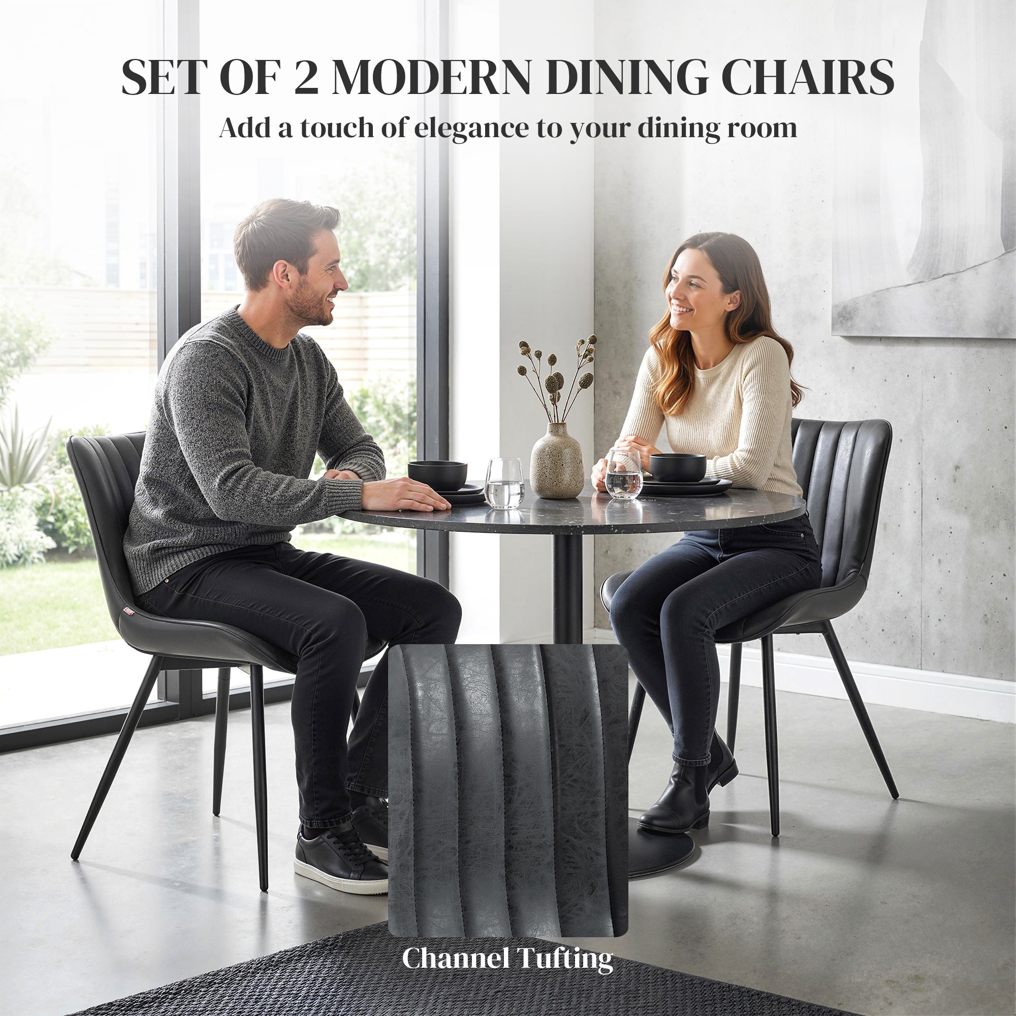 Dining Chairs Set of 2, Modern PU Leather Upholstered Kitchen Chairs with Tufted Backrest and Steel Legs for Dining Room, Living Room, Black