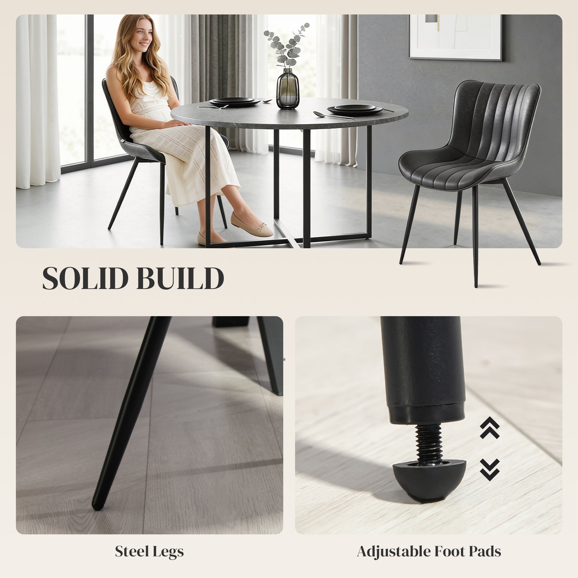 Dining Chairs Set of 2, Modern PU Leather Upholstered Kitchen Chairs with Tufted Backrest and Steel Legs for Dining Room, Living Room, Black