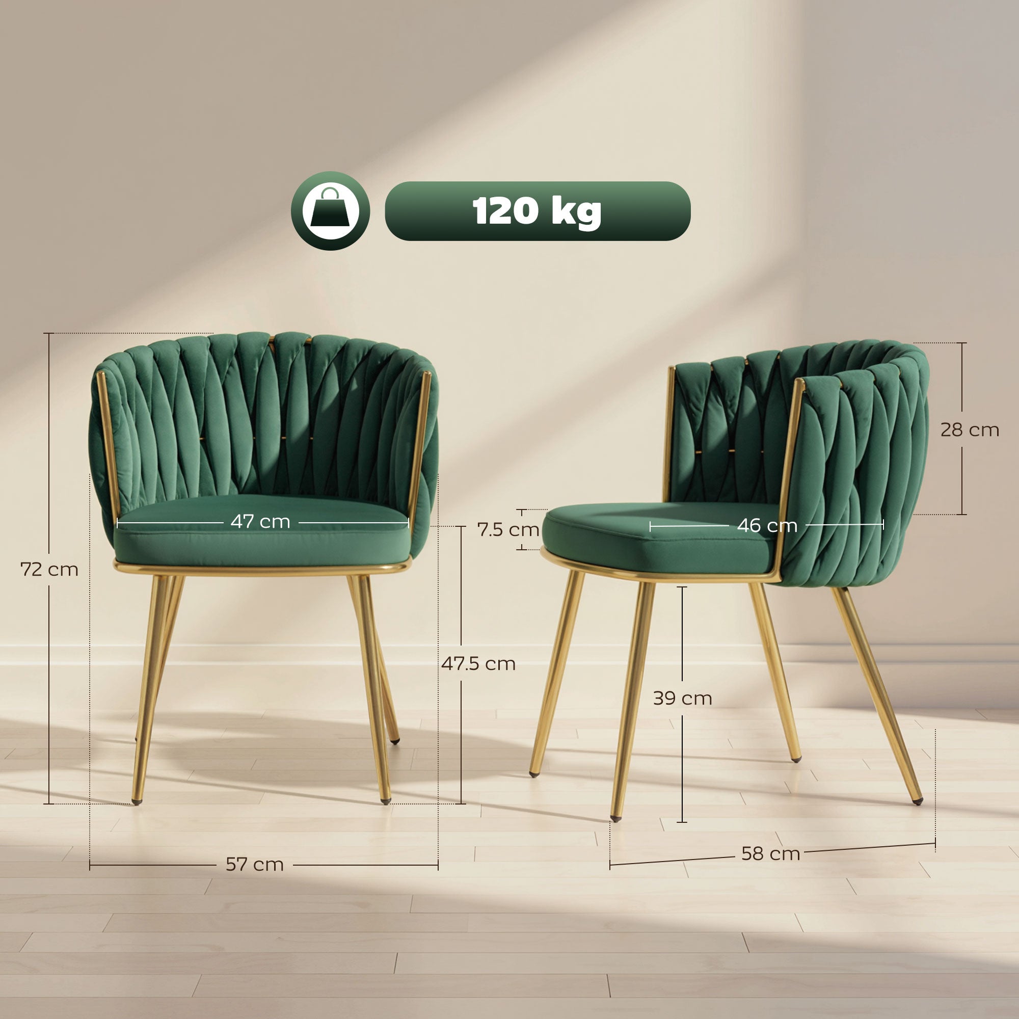 Velvet-Feel Dining Chairs Set of 2, Modern Upholstered Kitchen Chairs with Woven Backrest and Armrests, Metal Legs and Padded Seat for Dining Room, Bedroom, Living Room, Dark Green