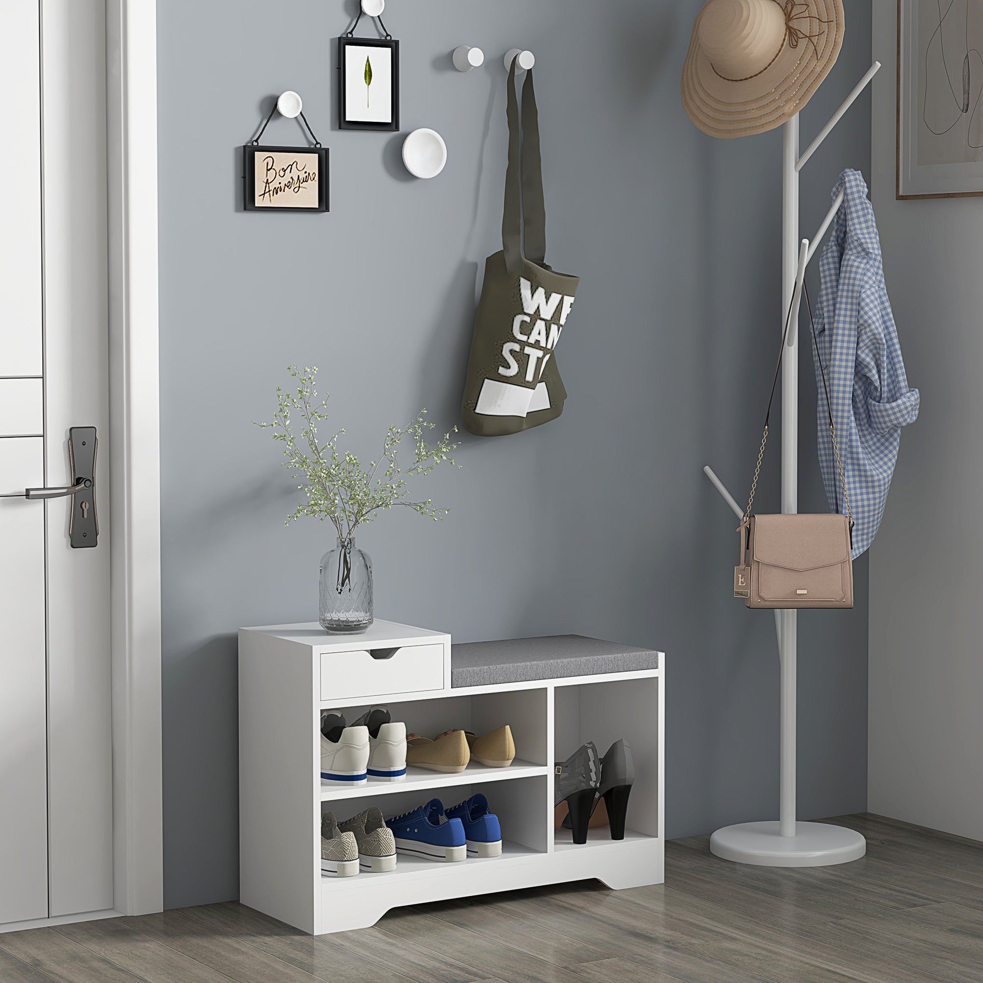 HOMCOM Shoe Storage Bench, Shoe Rack Bench with Seating Cushion, Drawer, 3 Open Compartments and Table Top for Entryway, Hallway, White