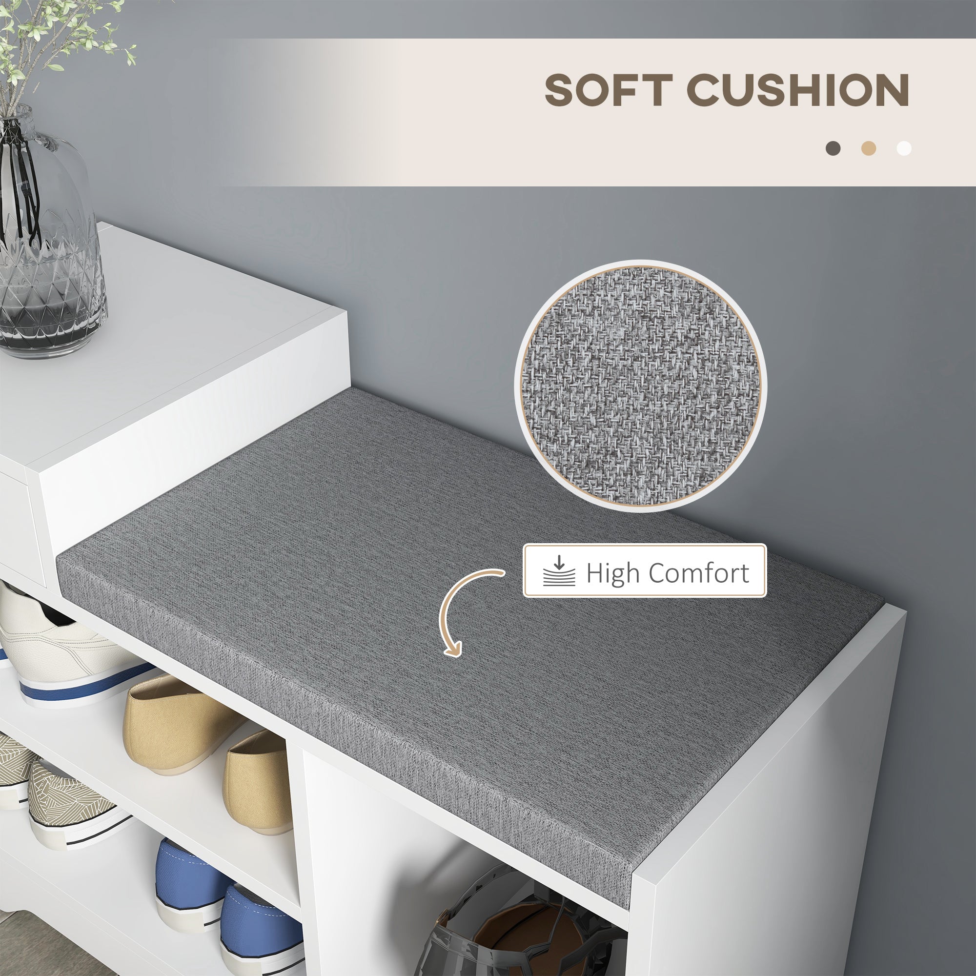 HOMCOM Shoe Storage Bench, Shoe Rack Bench with Seating Cushion, Drawer, 3 Open Compartments and Table Top for Entryway, Hallway, White