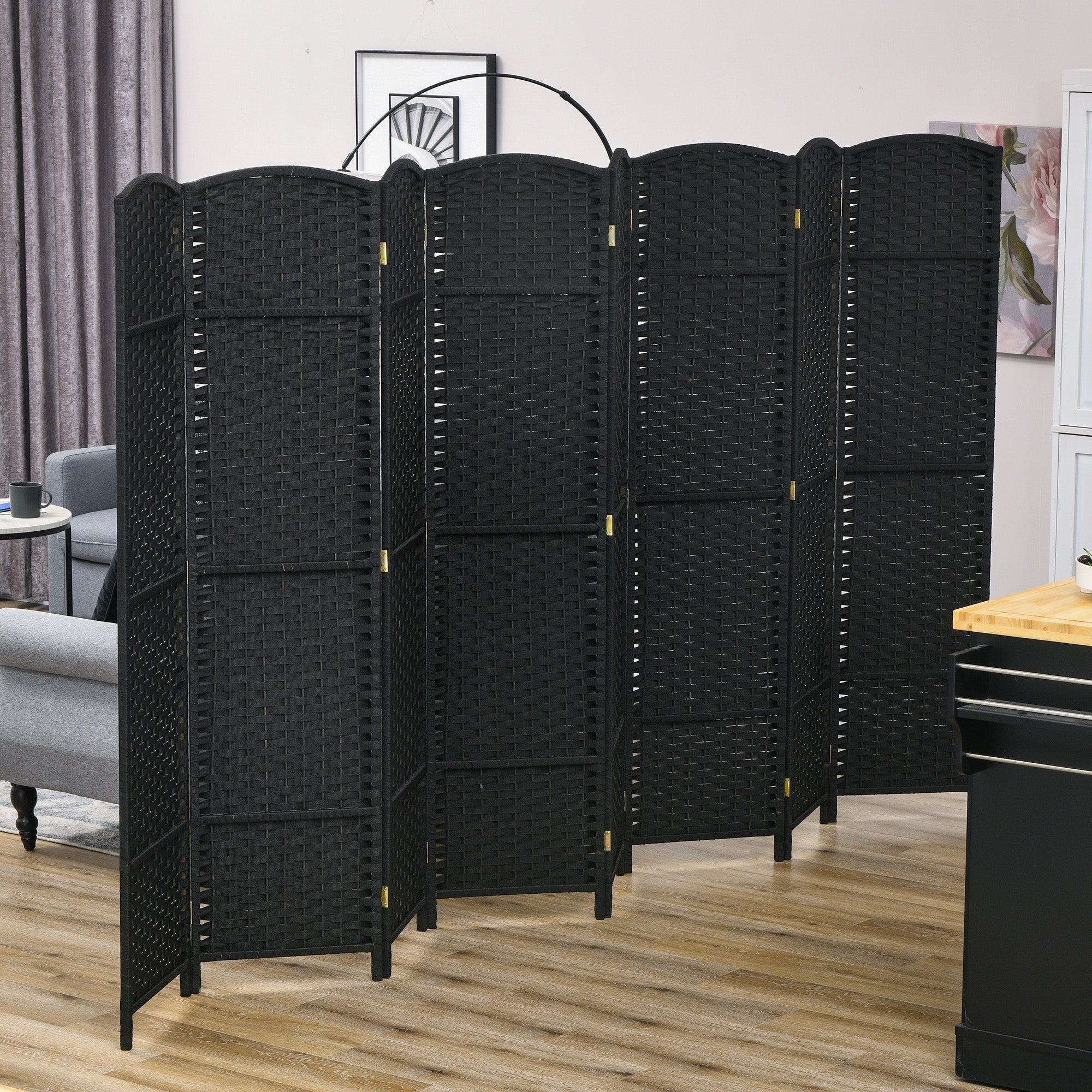 8 Panel 5.6' Tall Privacy Screen Freestanding Room Divider, Black