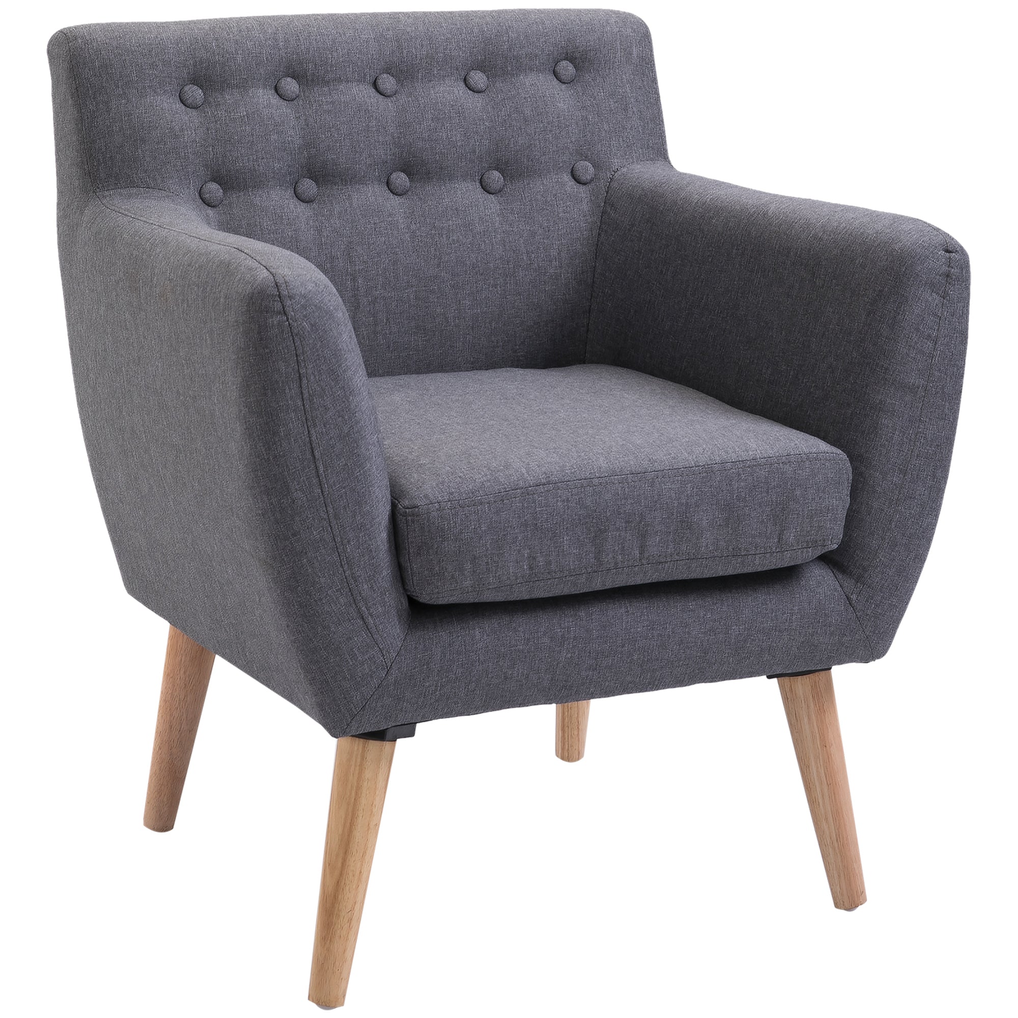 HOMCOM Mid-Century Modern Accent Chair, Linen Upholstery Armchair, Tufted Club Chair with Wood Frame and Thick Padding, Light Grey