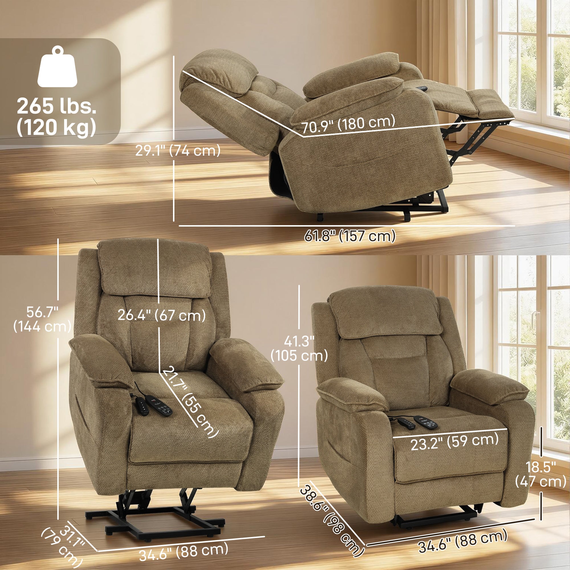 Power Lift Recliner Chair for Elderly with Massage, Electric Recliner with Side Pockets, Remote, 2 Memory Buttons, Footrest, Quiet Reclining Chair for Living Room, Brown