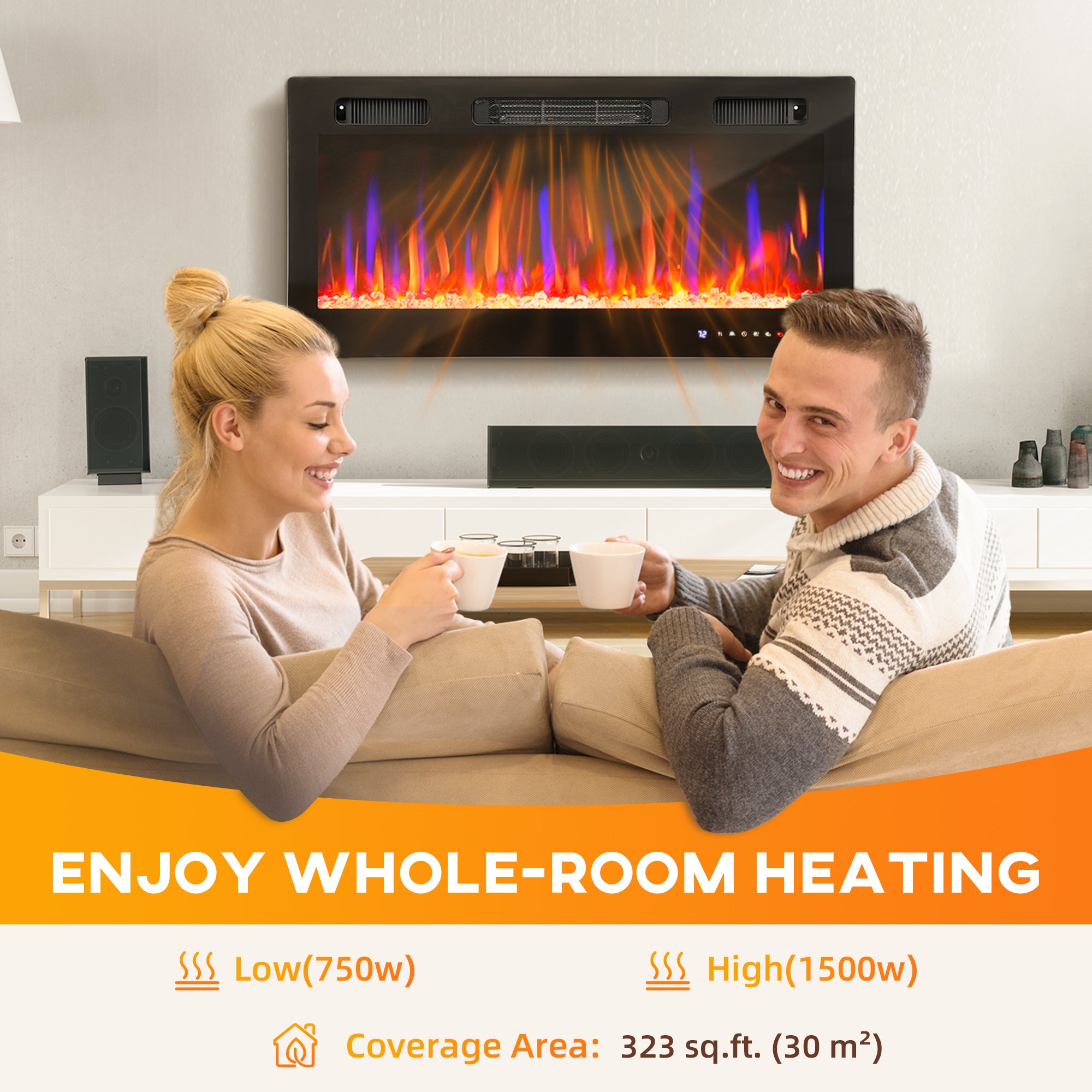 36" Thin Electric Fireplace, Freestanding, Recessed, Wall Mounted Fireplace Heater with Adjustable Flame and Thermostat, Eco Mode, Auto Switch, 12H Timer, Remote, 750/1500W