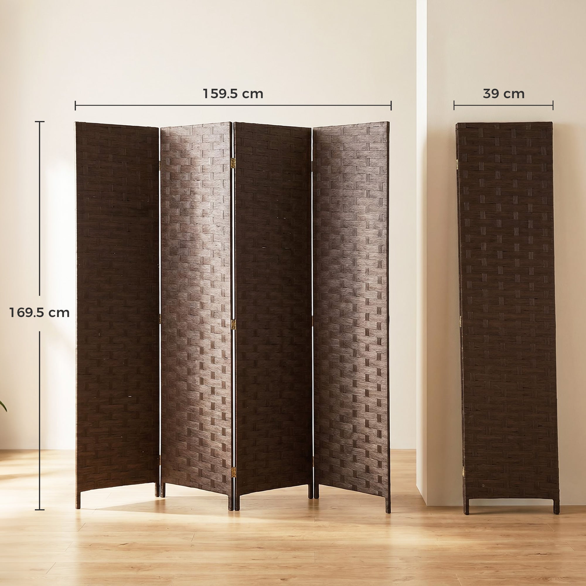 4-Panel Room Dividers, Wave Fibre Freestanding Folding Privacy Screen Panels, Partition Wall Divider for Indoor Bedroom Office, 170 cm, Dark Brown
