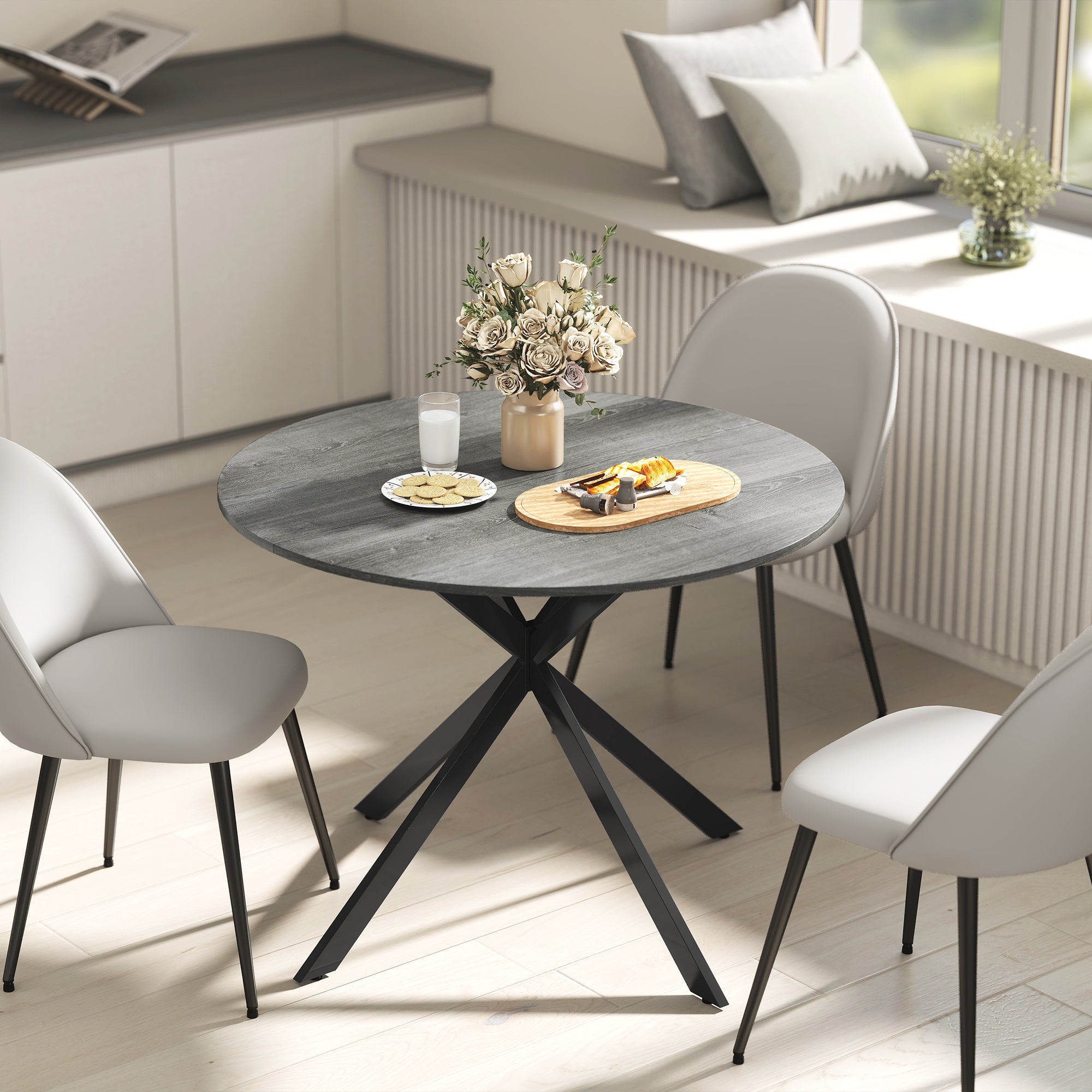 Round Dining Table for 4, 40" Industrial Kitchen Table with Steel Legs for Dining Room, Distressed Grey