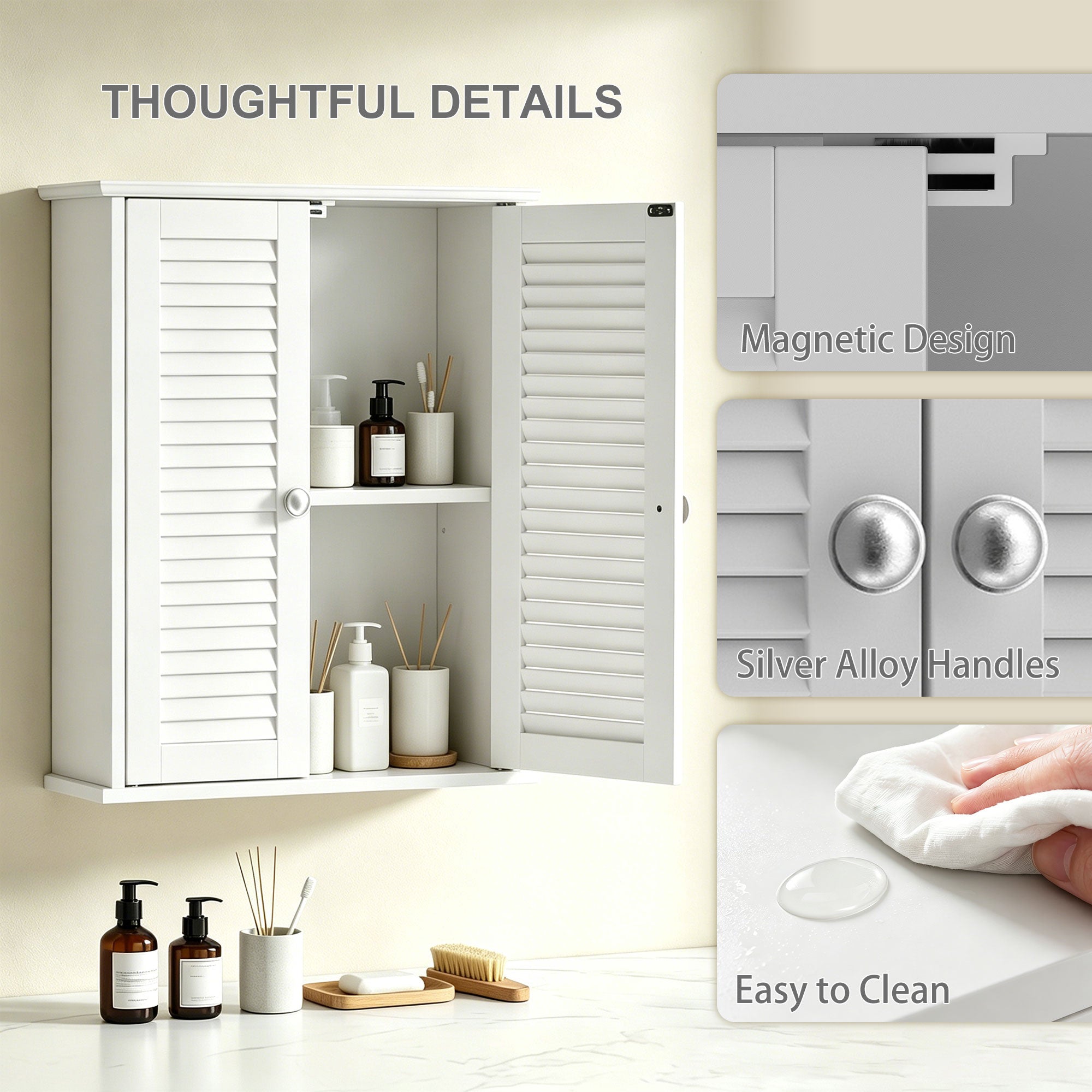 Bathroom Wall Cabinet, Wall-Mounted Over-The-Toilet Space Saver with Louvered Doors and Adjustable Shelf Storage for Kitchen, Living Room, White