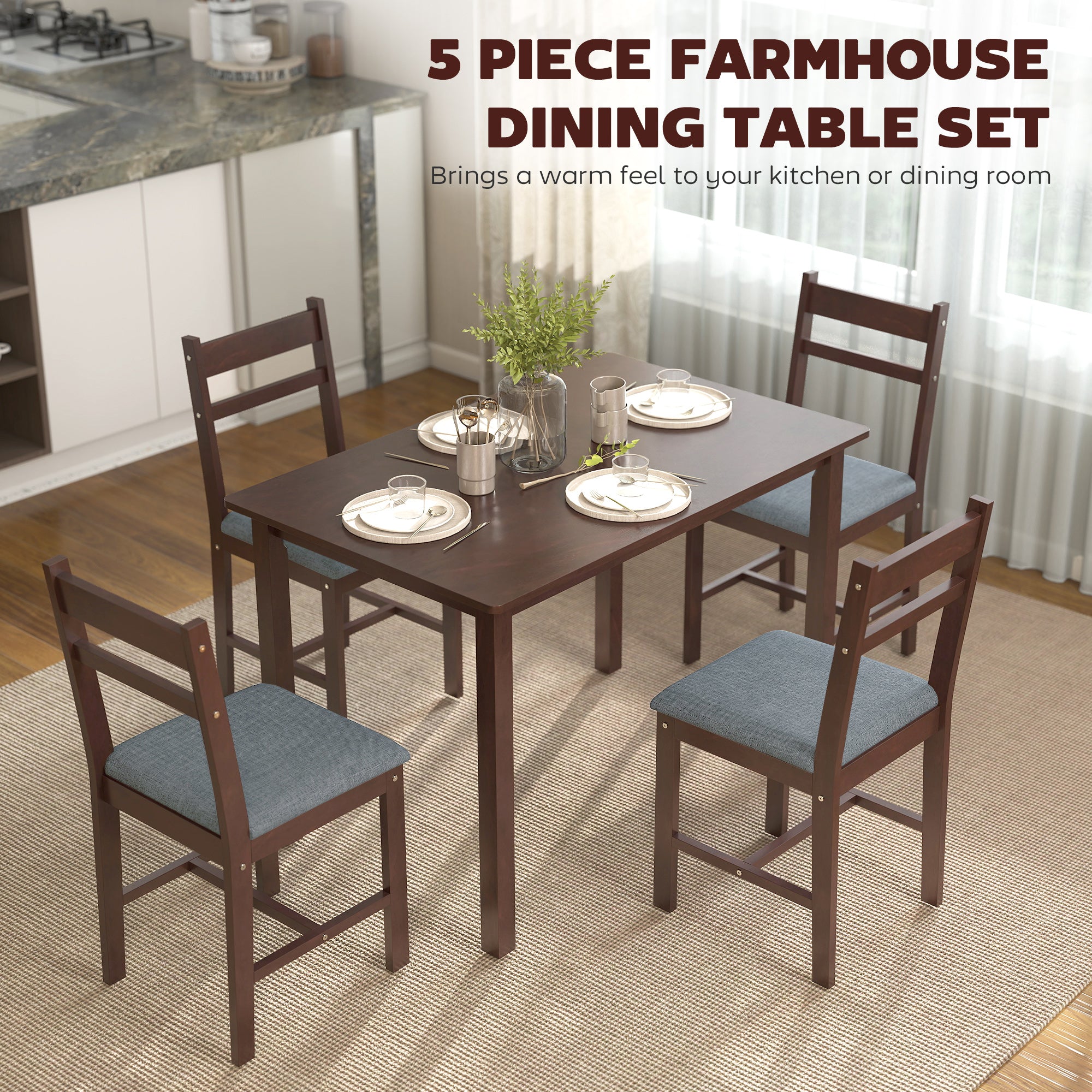 5-Piece Solid Wood Dining Table Set for 4, Farmhouse Kitchen Table with Upholstered Chairs for Small Space, Dining Room, Breakfast Nook, Walnut and Gray